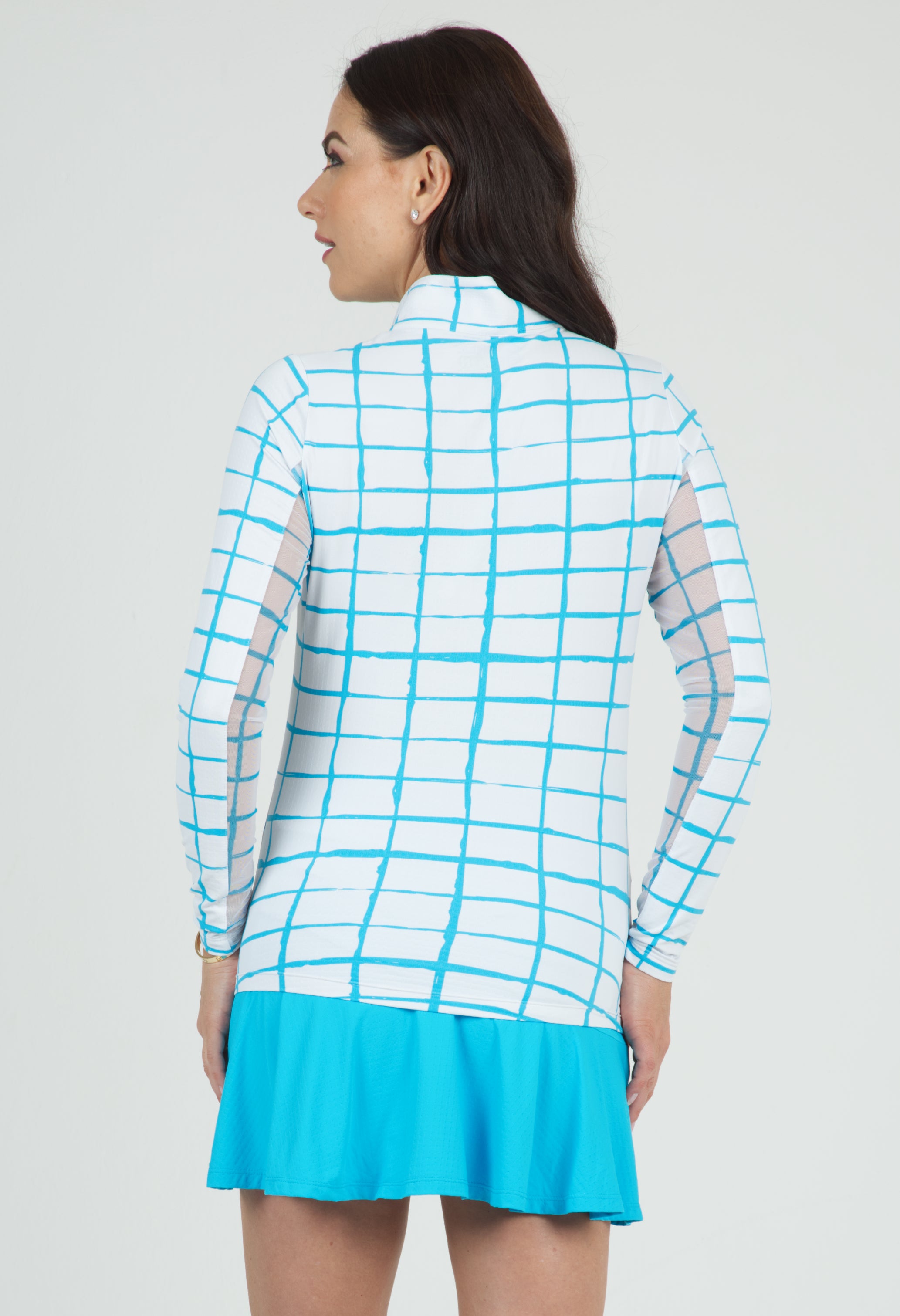 IBKÜL - Cordova Print Long Sleeve Mock Neck Top – 10495 - Color: White/Turq