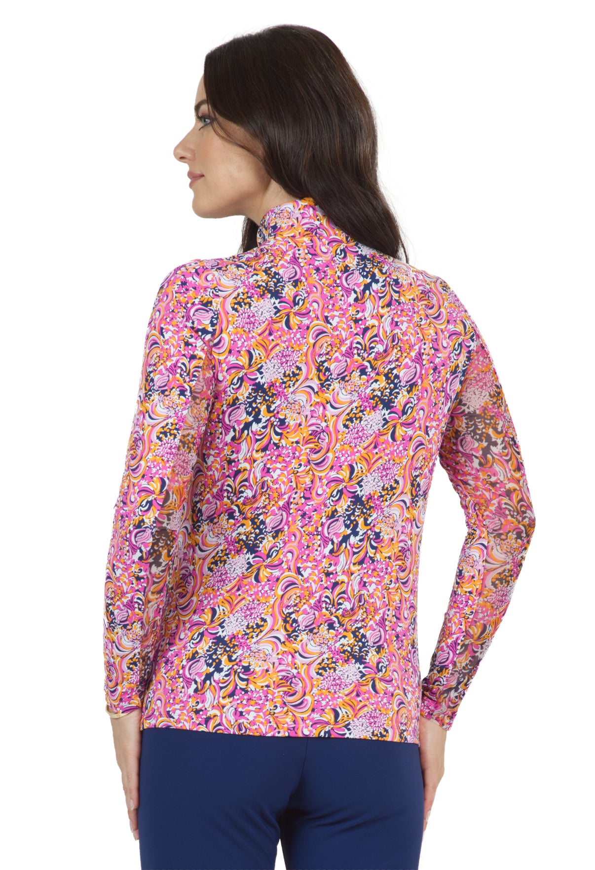 IBKÜL - Marissa Print Long Sleeve Mock Neck Top – 10656 - Color: Hot Pink/Orange Peel