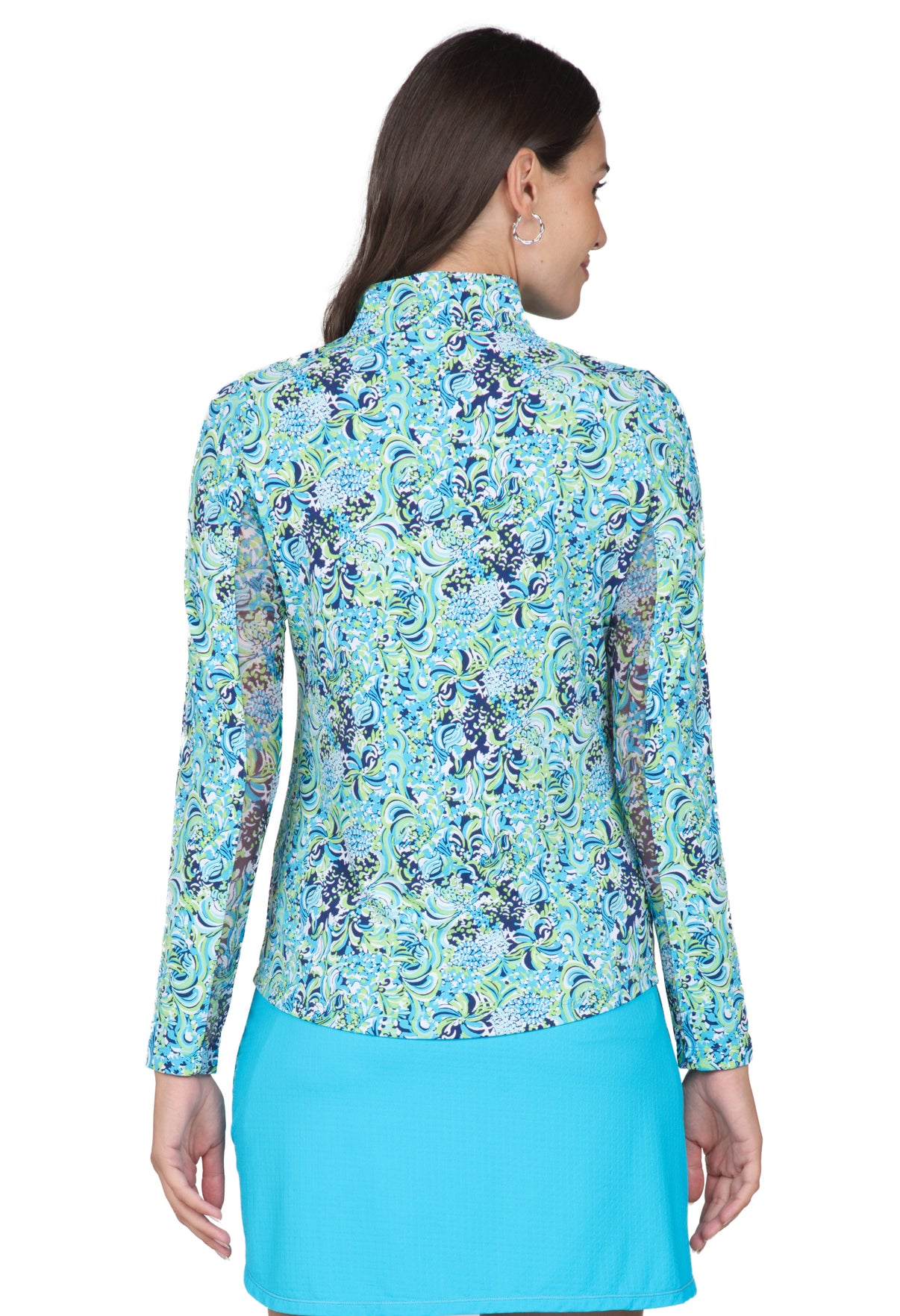 IBKÜL - Marissa Print Long Sleeve Mock Neck Top – 10656 - Color: Turq/Navy