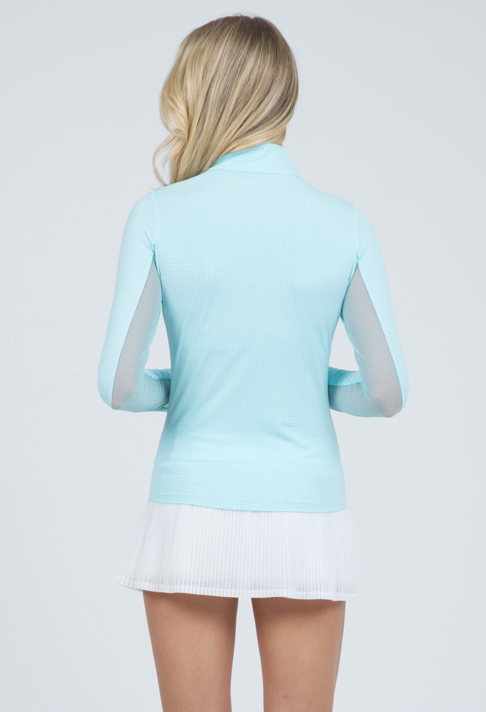 IBKÜL - Mini Check Print Long Sleeve Mock Neck Top - 10754 - Color: Seafoam/White