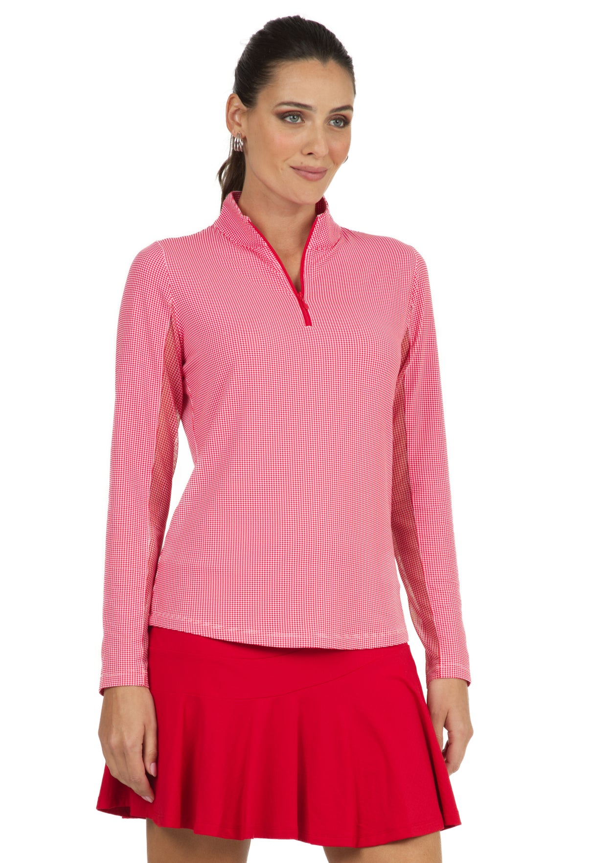 IBKÜL - Mini Check Print Long Sleeve Mock Neck Top - 10754 - Color: Red/White