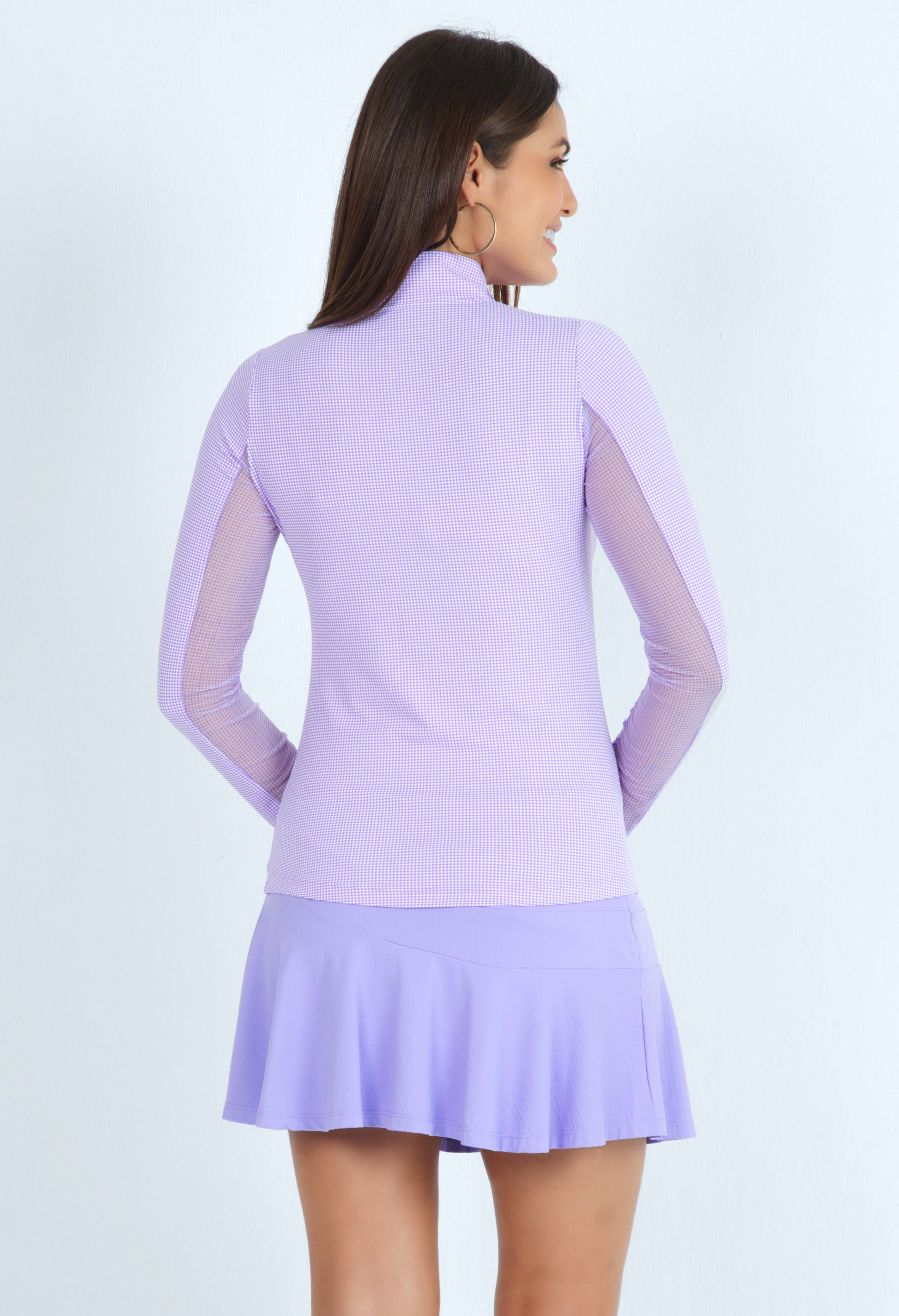 IBKÜL - Mini Check Print Long Sleeve Mock Neck Top - 10754 - Color: Lavender/White