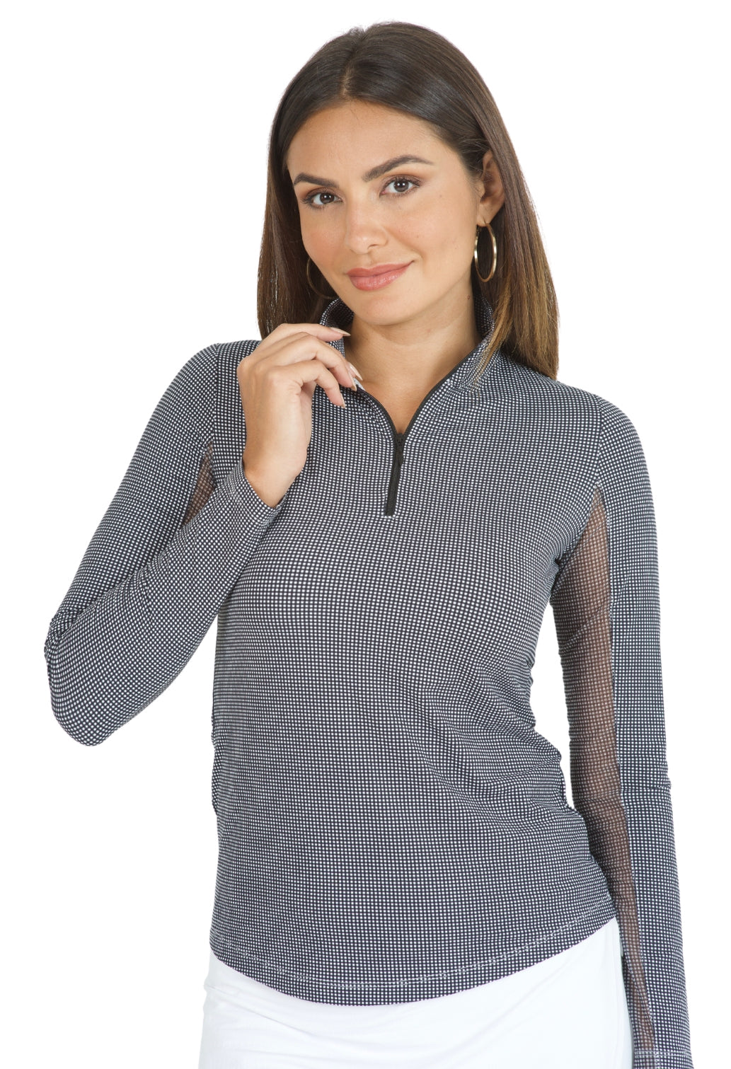 IBKÜL - Mini Check Print Long Sleeve Mock Neck Top - 10754 - Color: Black/White