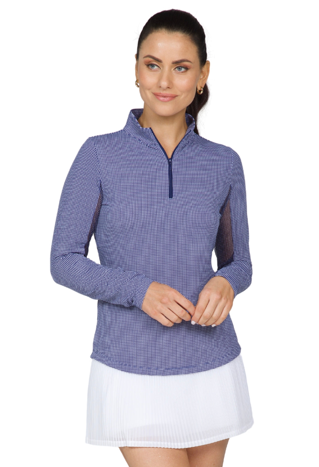 IBKÜL - Mini Check Print Long Sleeve Mock Neck Top - 10754 - Color: Navy/White