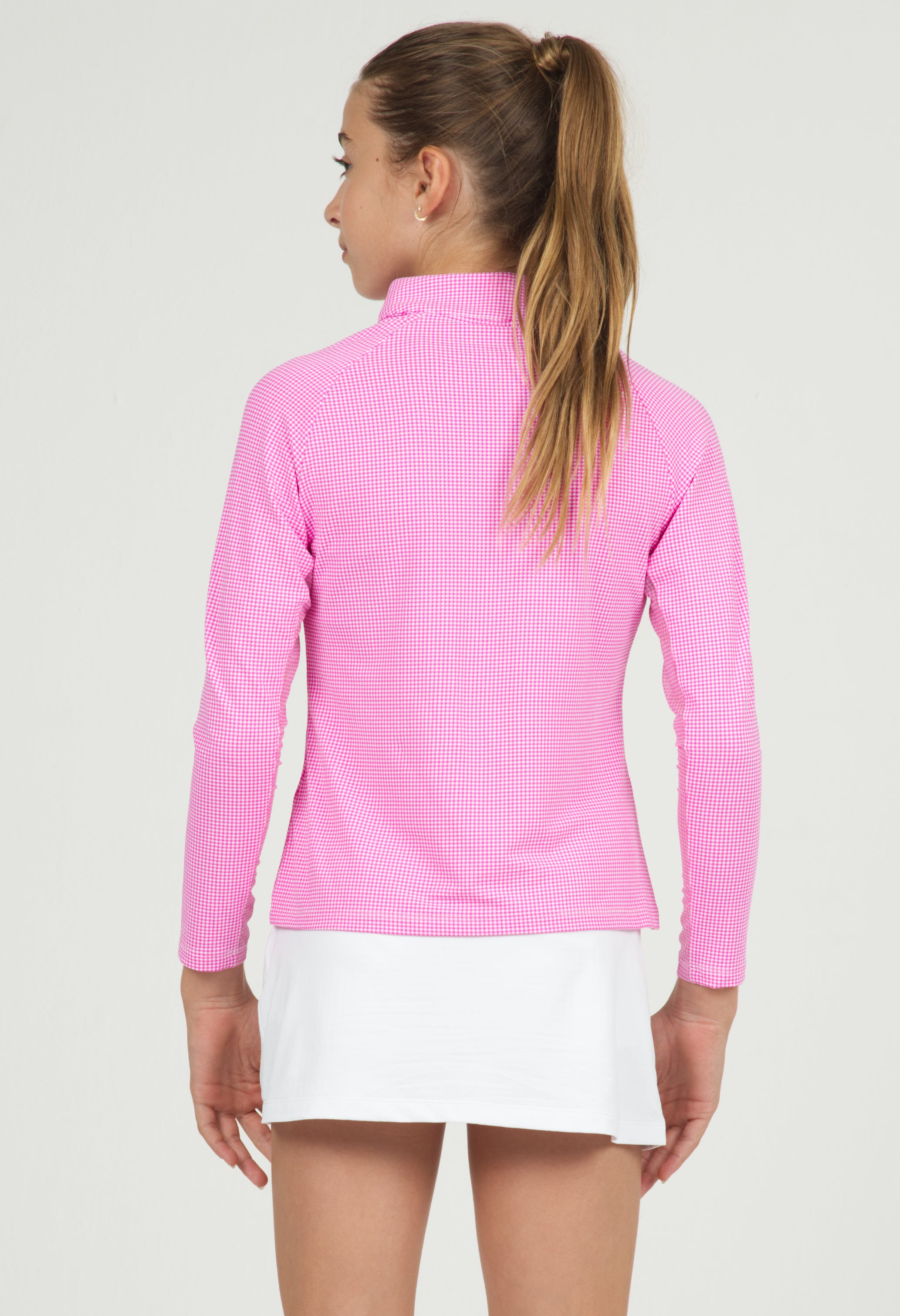 IBKÜL - Youth Mini Check Print Long Sleeve Mock Neck Top – 10754G - Color: Hot Pink/White