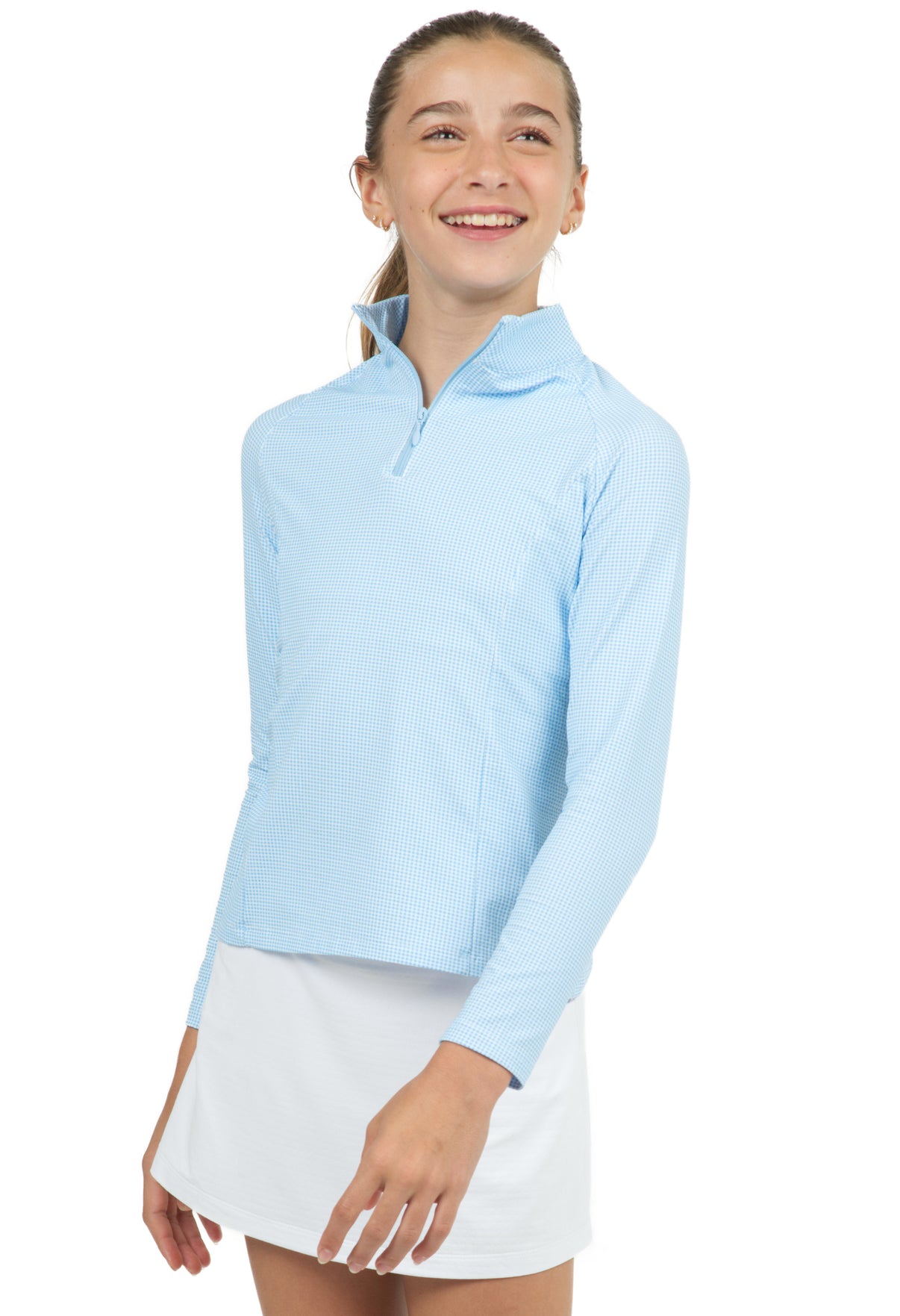 IBKÜL - Youth Mini Check Print Long Sleeve Mock Neck Top – 10754G - Color: Peri/White