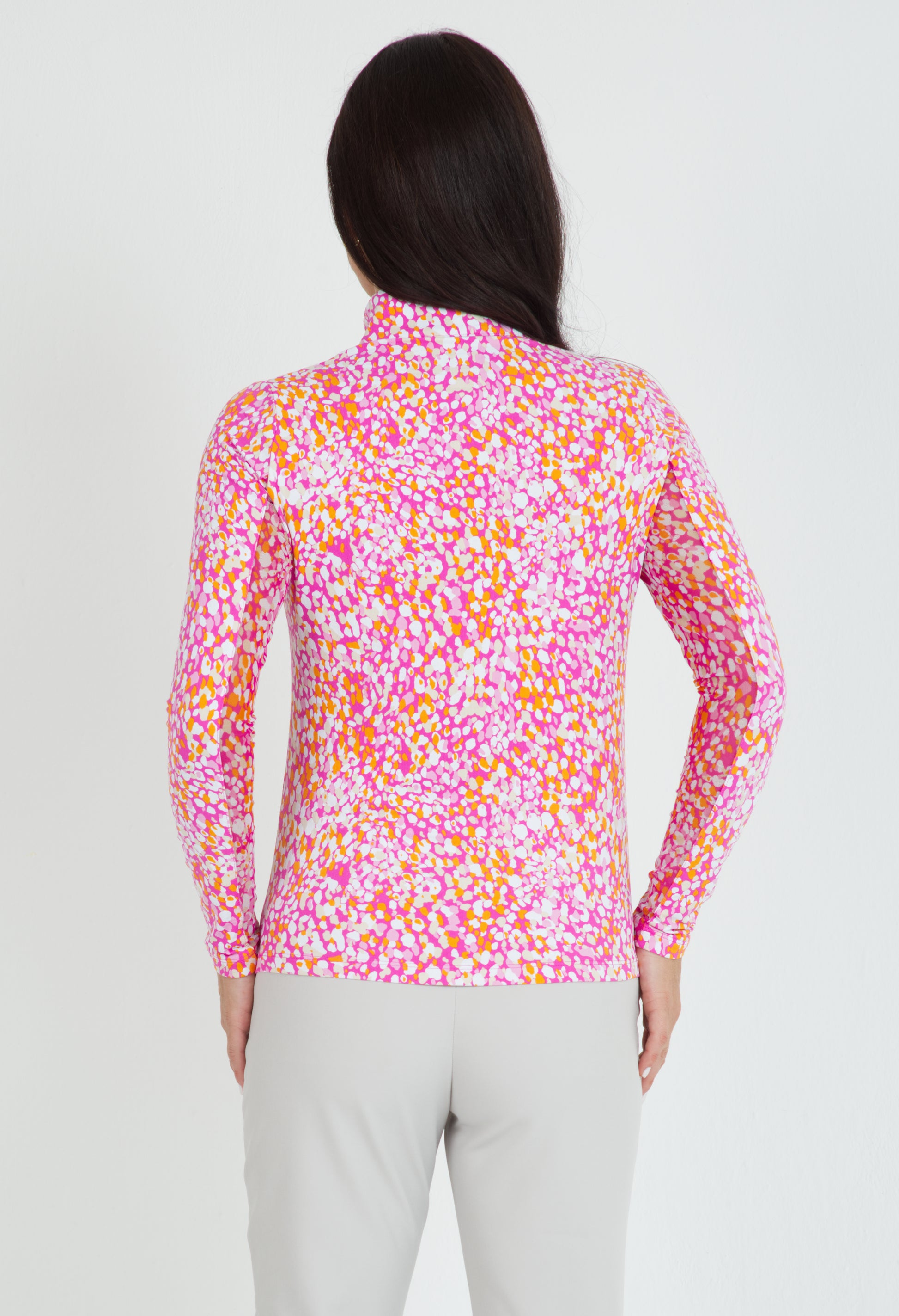 IBKÜL - Naomi Print Long Sleeve Mock Neck Top – 10761 - Color: Hot Pink/Candy Pink
