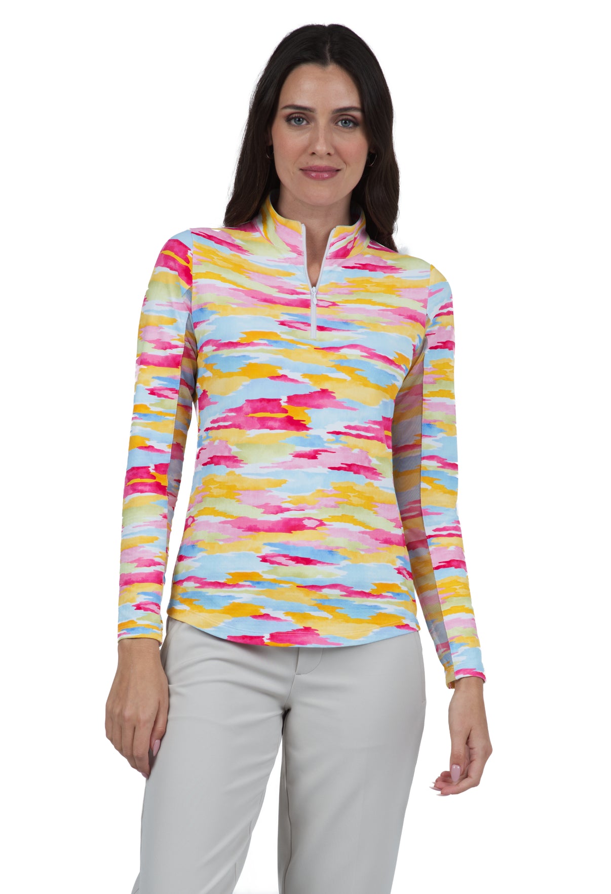 IBKÜL - Jessie Print Long Sleeve Mock Neck Top – 10867 - Color: Watermelon Multi