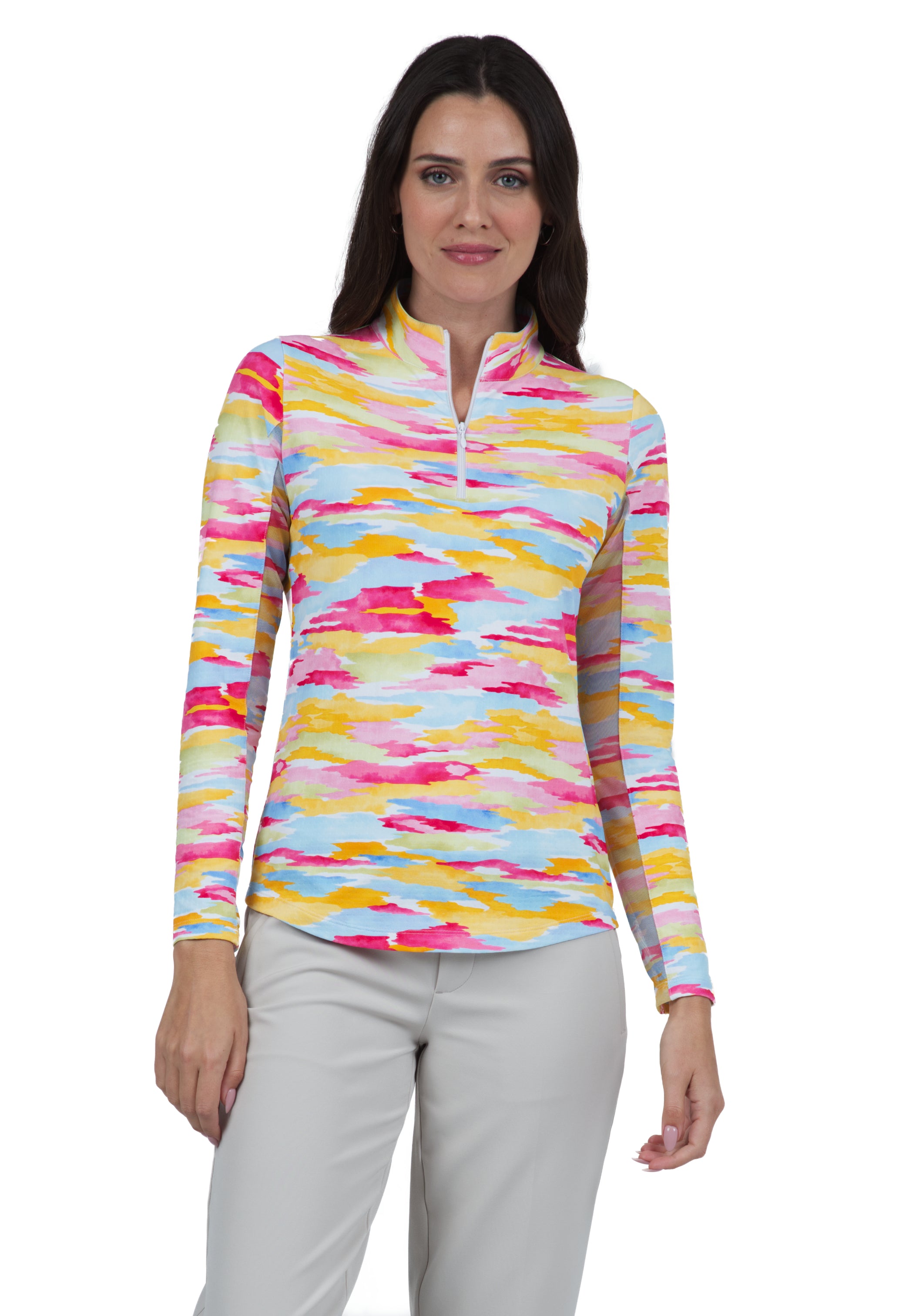 IBKÜL - Jessie Print Long Sleeve Mock Neck Top – 10867 - Color: Watermelon Multi