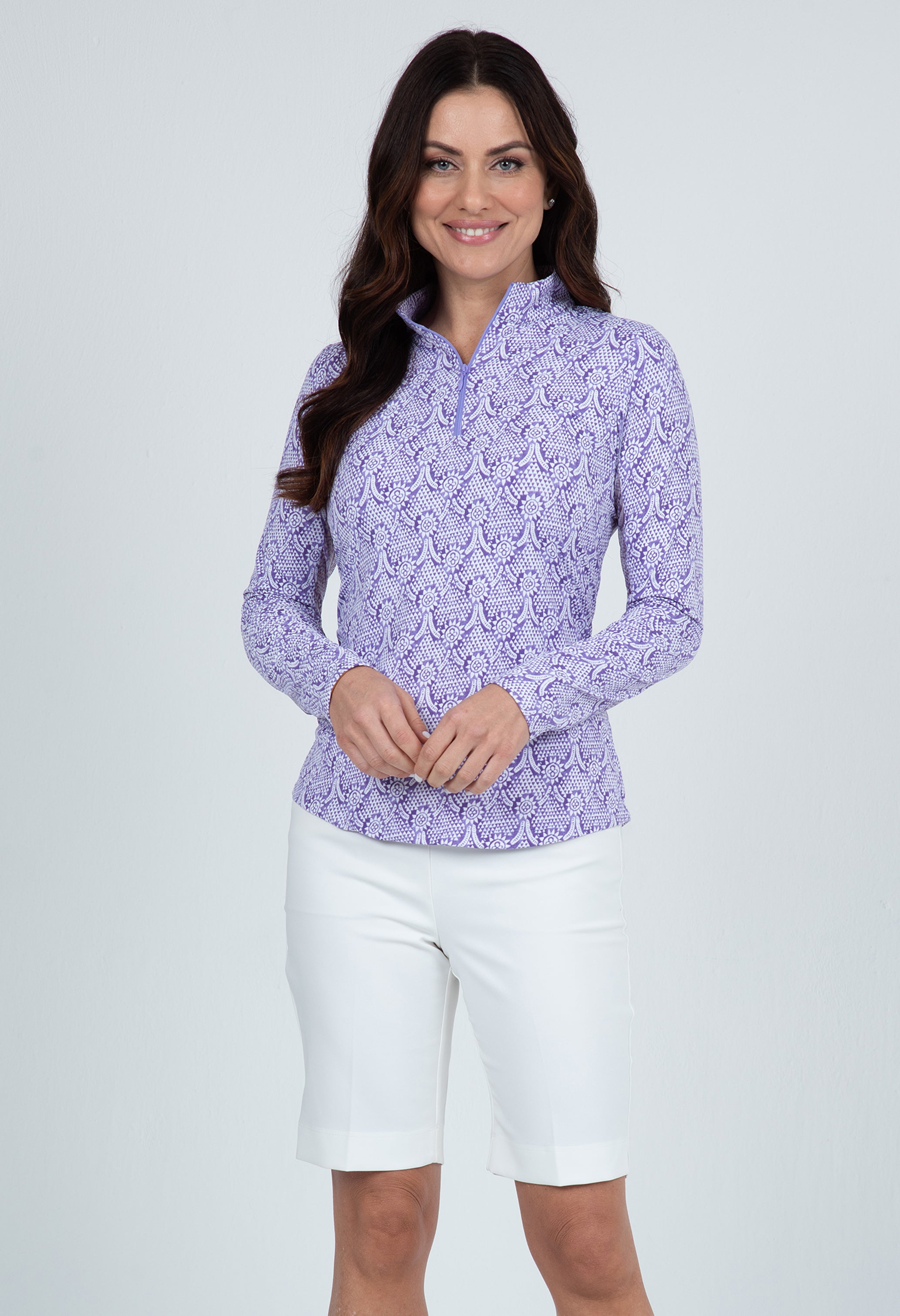 IBKÜL - Leslie Print Long Sleeve Mock Neck Top – 10868 - Color: Lavender/White