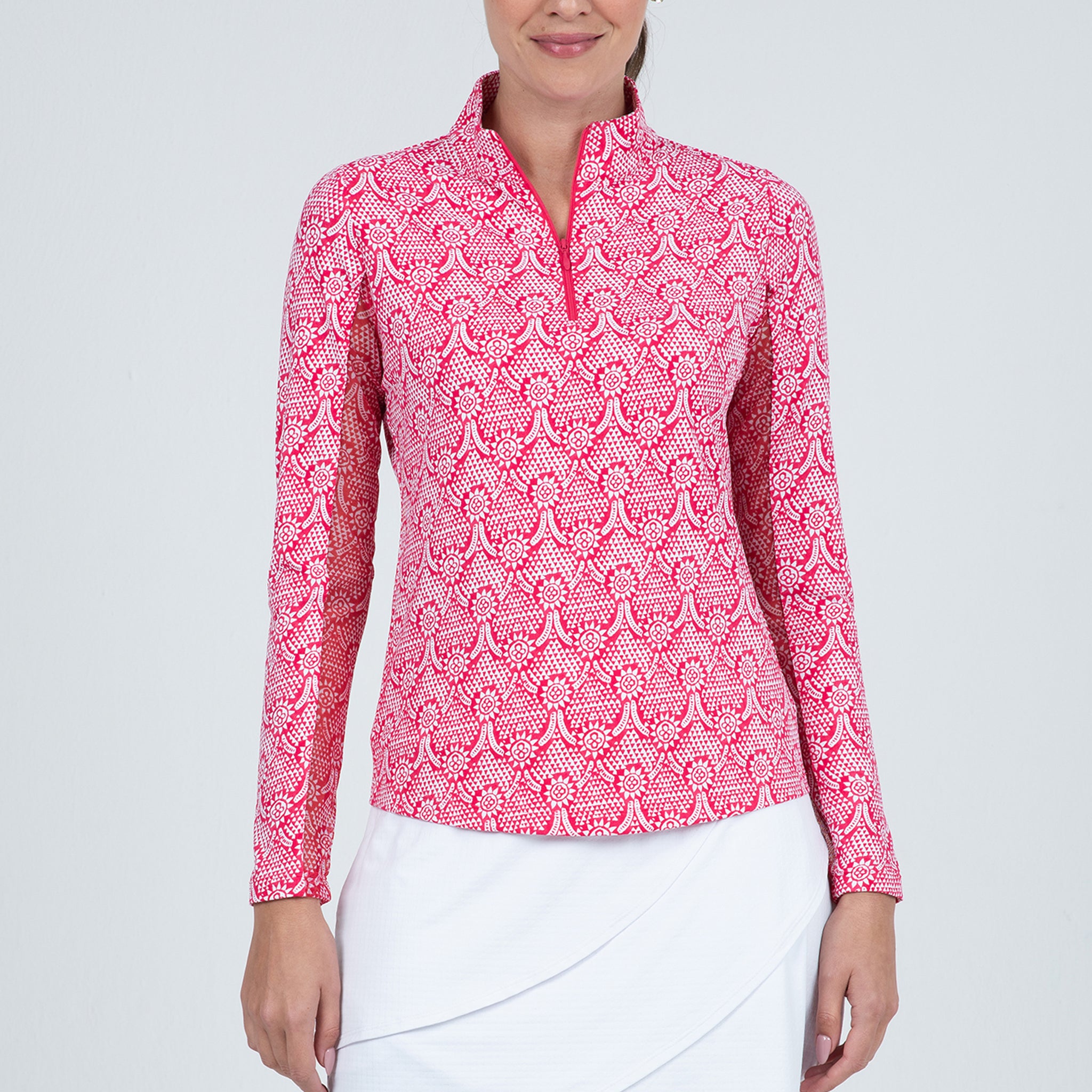 IBKÜL - Leslie Print Long Sleeve Mock Neck Top – 10868 - Color: Watermelon/White