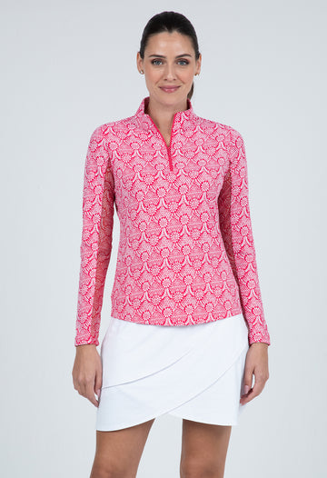 IBKÜL - Leslie Print Long Sleeve Mock Neck Top – 10868 - Color: Watermelon/White