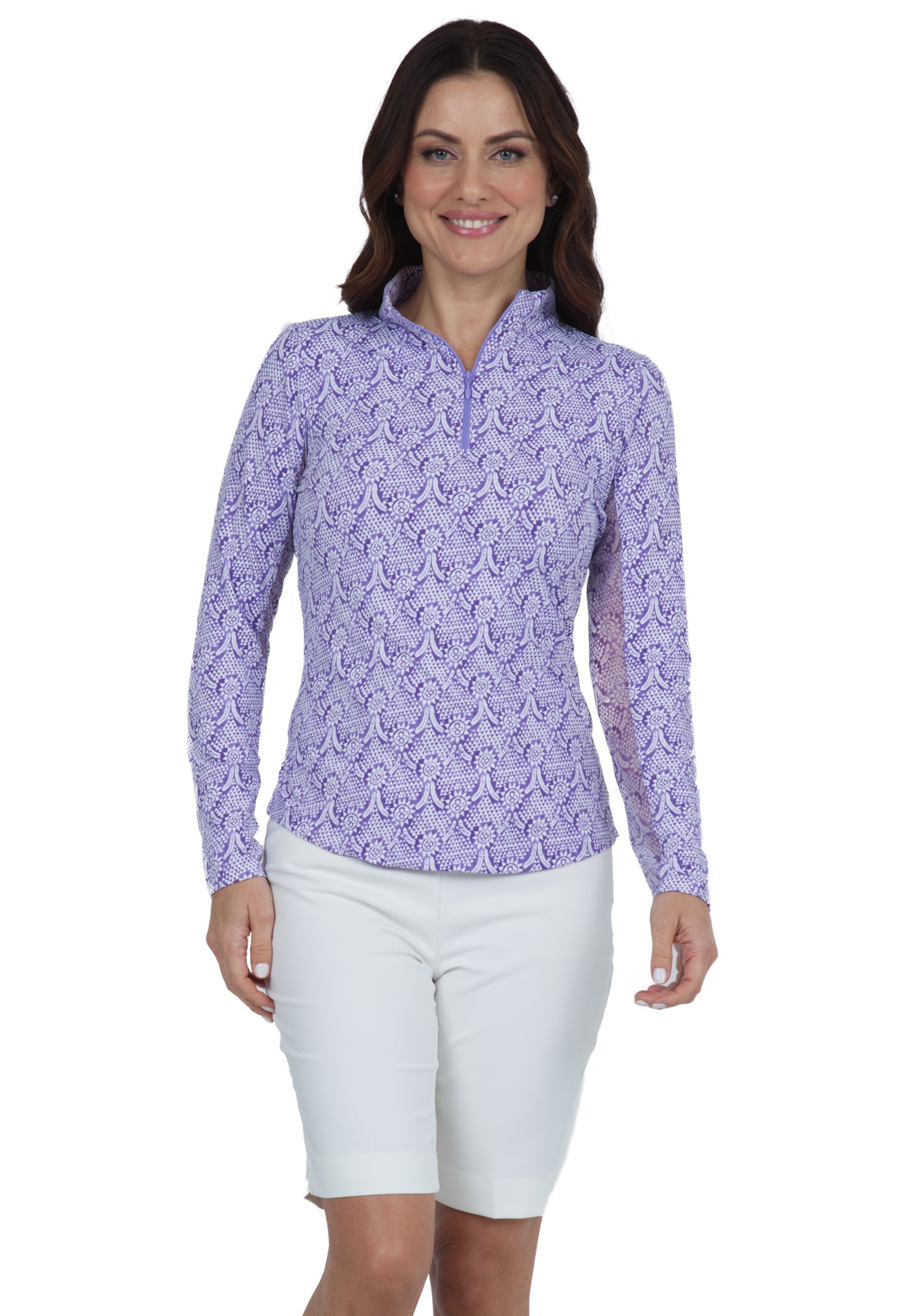 IBKÜL - Leslie Print Long Sleeve Mock Neck Top – 10868 - Color: Lavender/White
