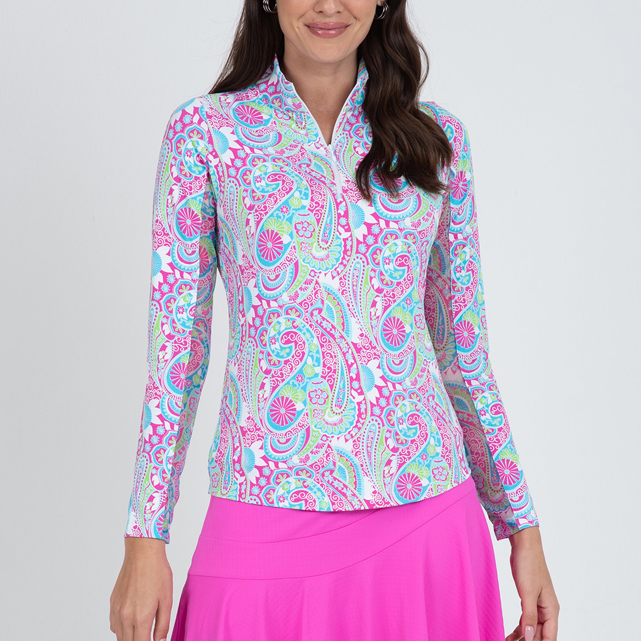 IBKÜL - Gloria Print Long Sleeve Mock Neck Top – 10869 - Color: Hot Pink/Turquoise