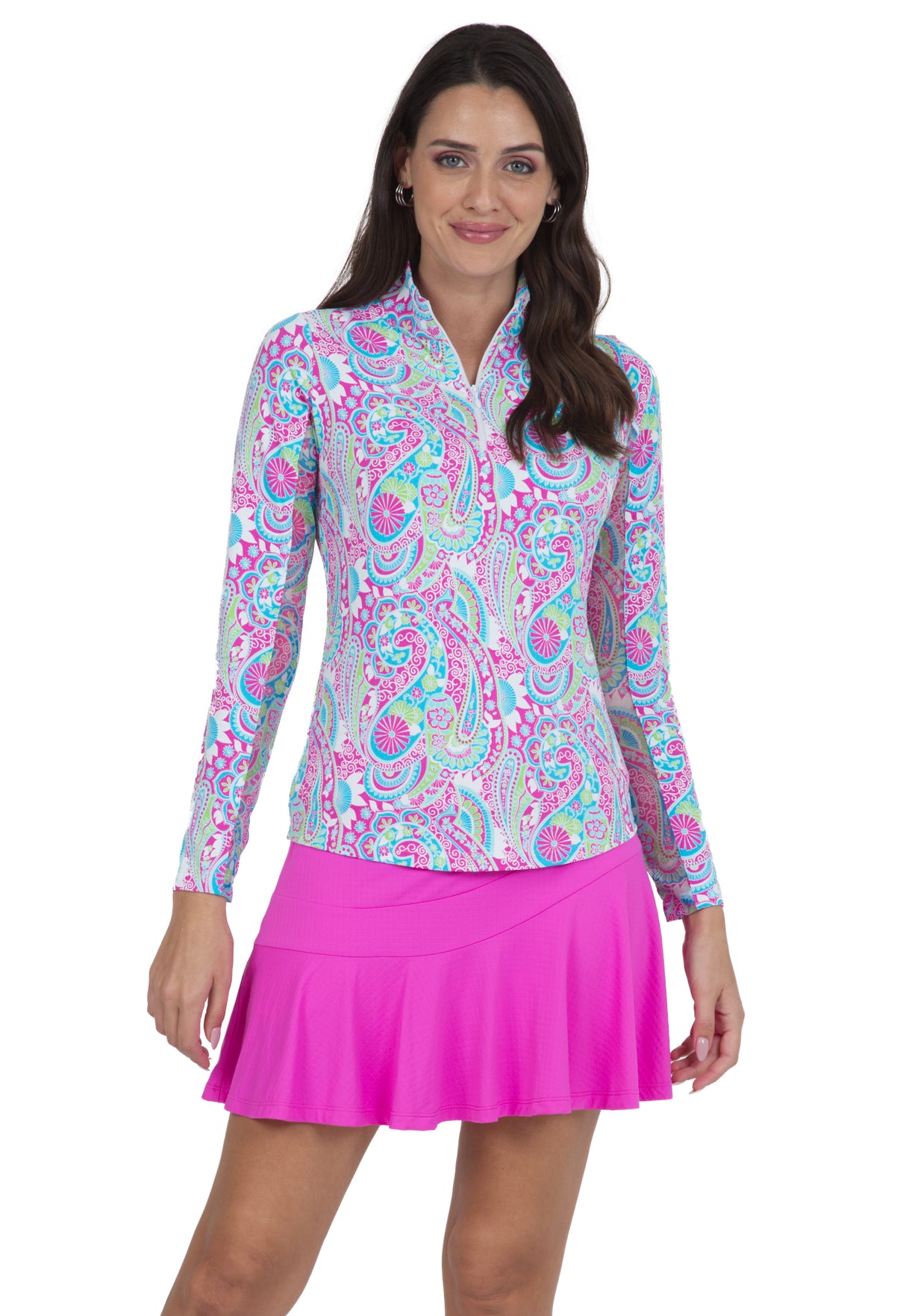 IBKÜL - Gloria Print Long Sleeve Mock Neck Top – 10869 - Color: Hot Pink/Turquoise