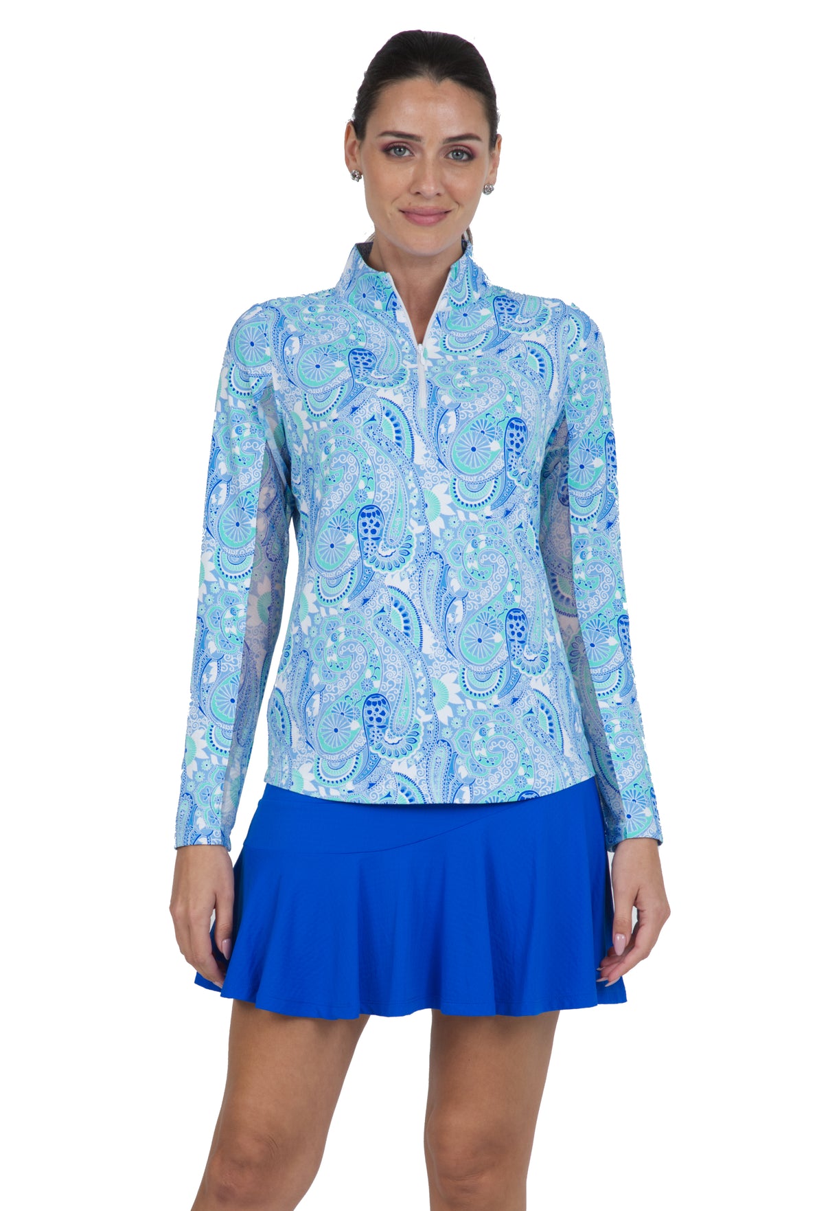 IBKÜL - Gloria Print Long Sleeve Mock Neck Top – 10869 - Color: Peri/Jade