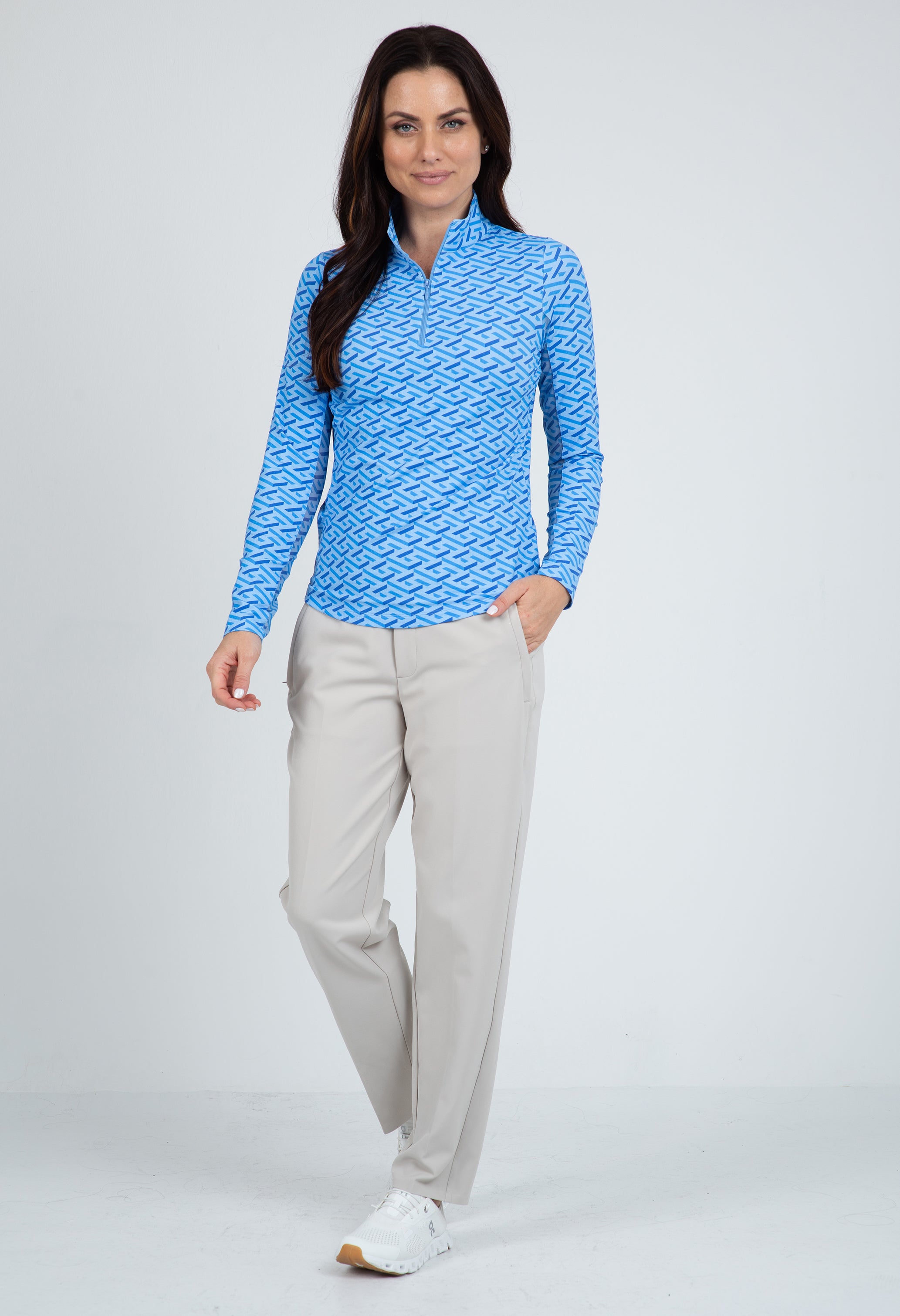 IBKÜL - Fatima Print Long Sleeve Mock Neck Top – 10870 - Color: Blue/Peri