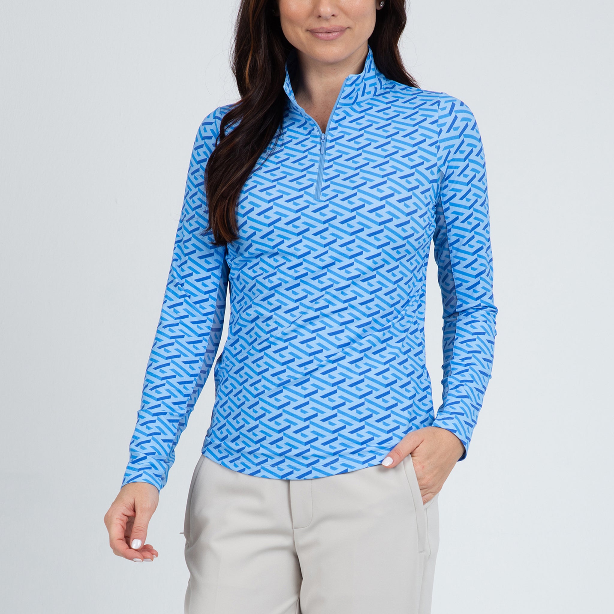 IBKÜL - Fatima Print Long Sleeve Mock Neck Top – 10870 - Color: Blue/Peri