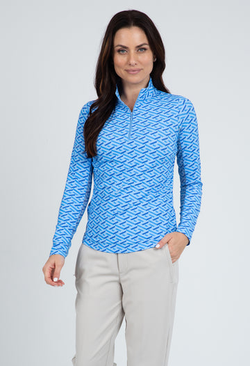 IBKÜL - Fatima Print Long Sleeve Mock Neck Top – 10870 - Color: Blue/Peri