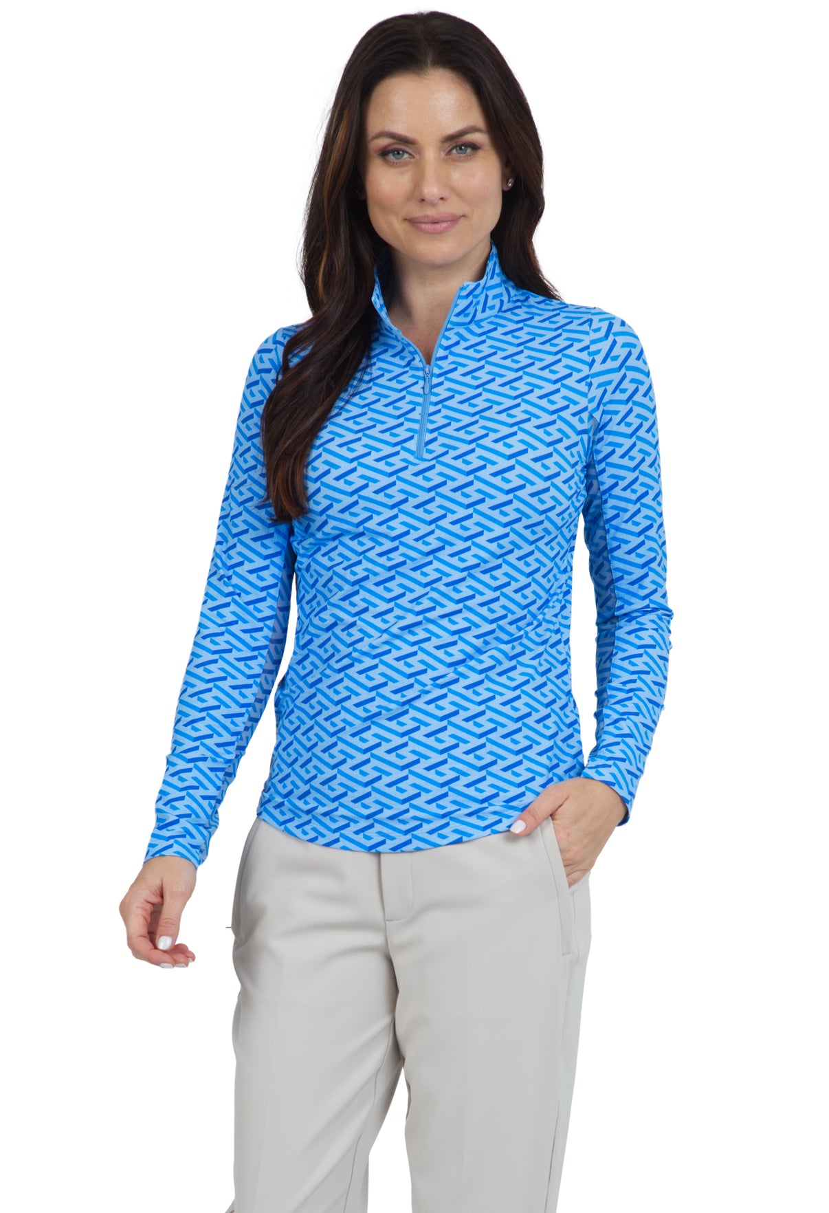 IBKÜL - Fatima Print Long Sleeve Mock Neck Top – 10870 - Color: Blue/Peri