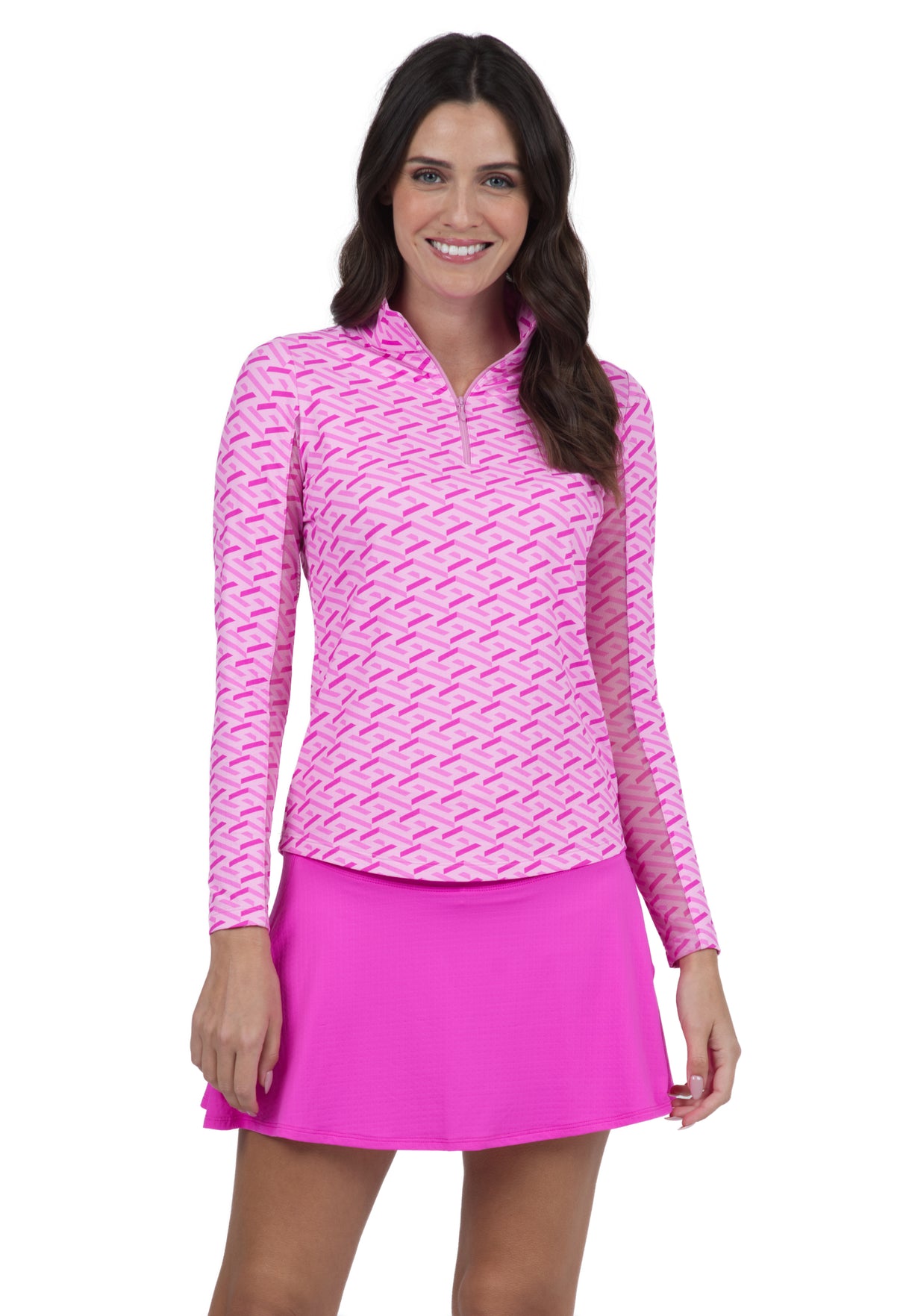IBKÜL - Fatima Print Long Sleeve Mock Neck Top – 10870 - Color: Hot Pink/Candy Pink