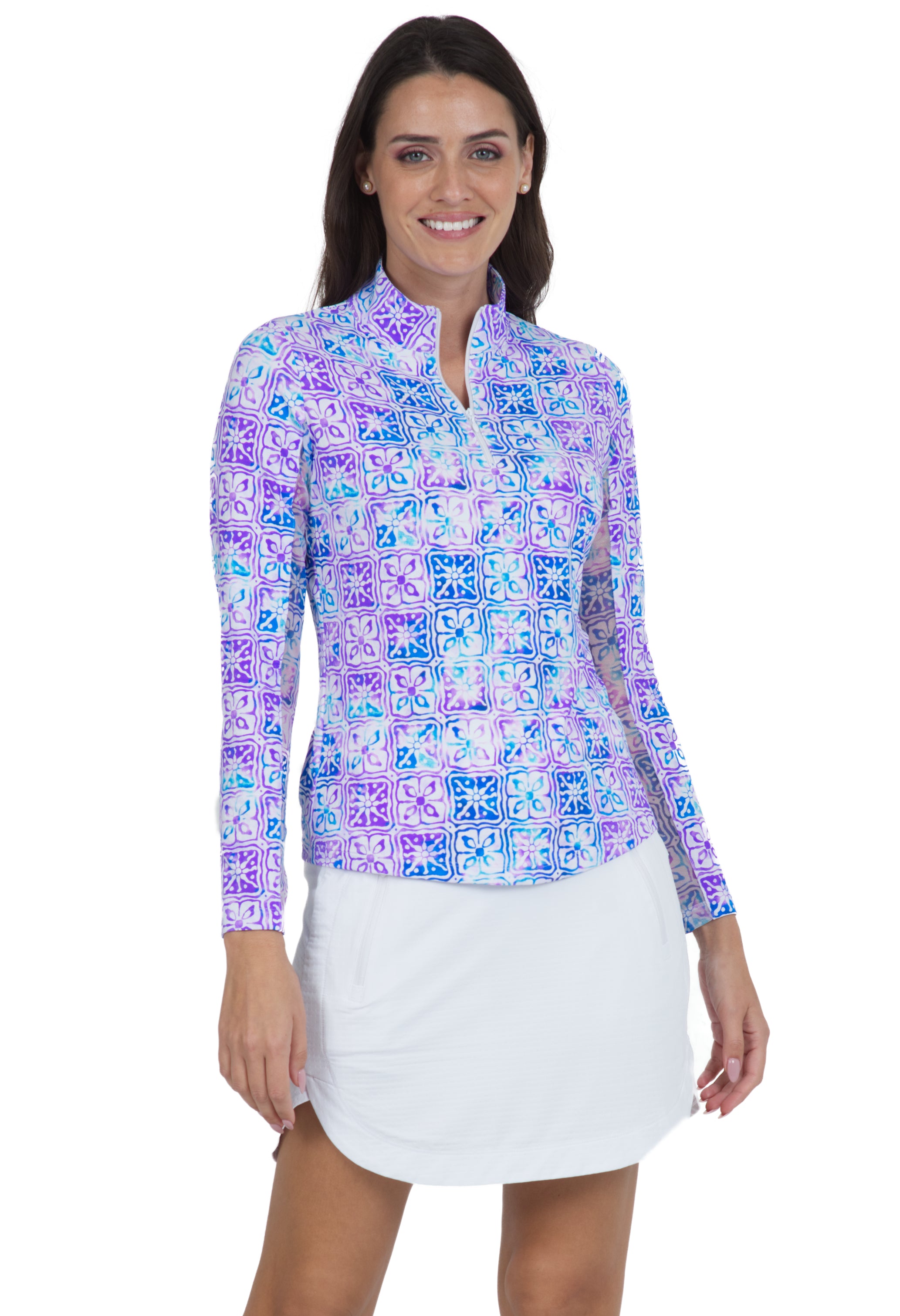 IBKÜL - Kathy Print Long Sleeve Mock Neck Top – 10871 - Color: Plum/Blue