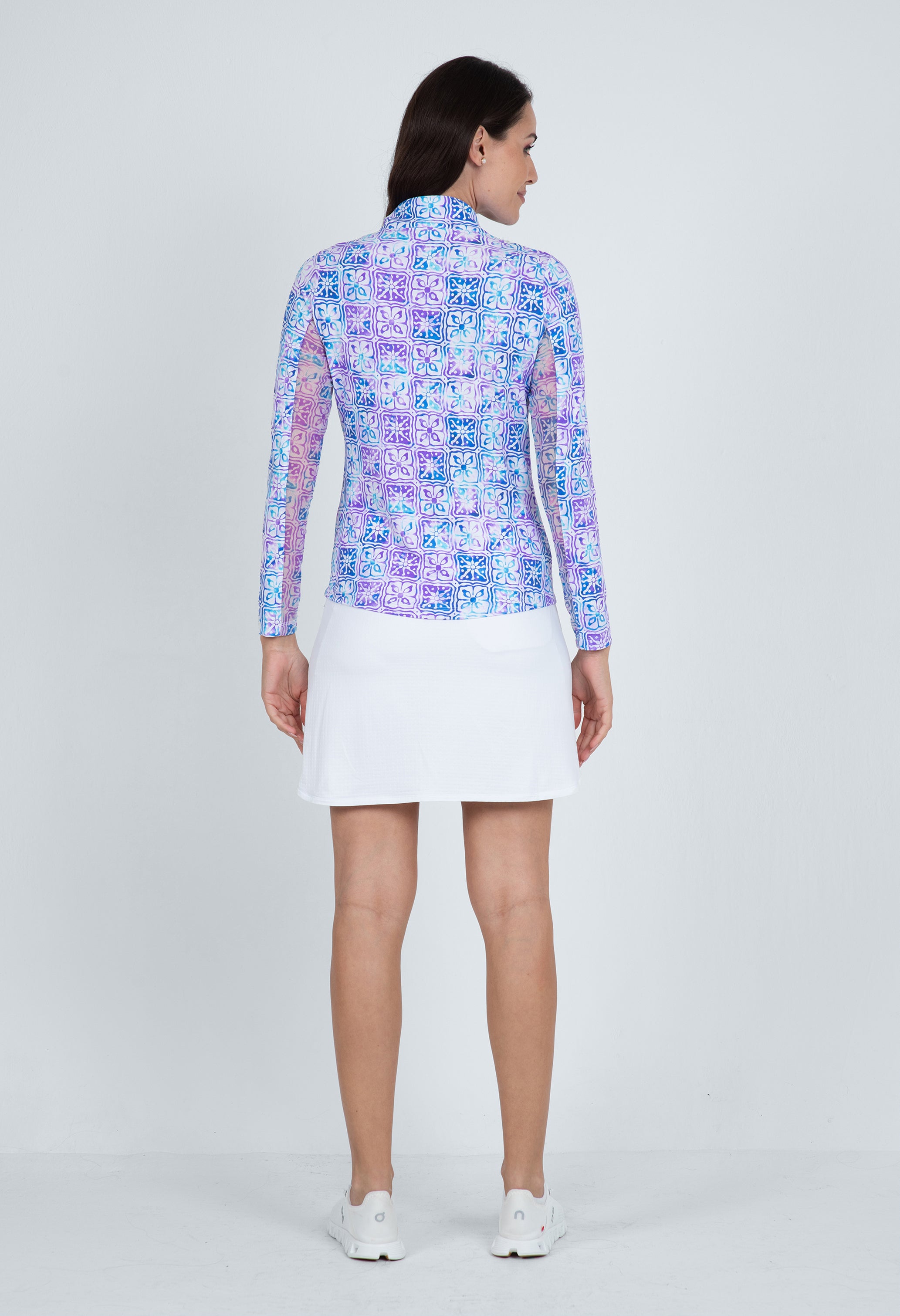 IBKÜL - Kathy Print Long Sleeve Mock Neck Top – 10871 - Color: Plum/Blue