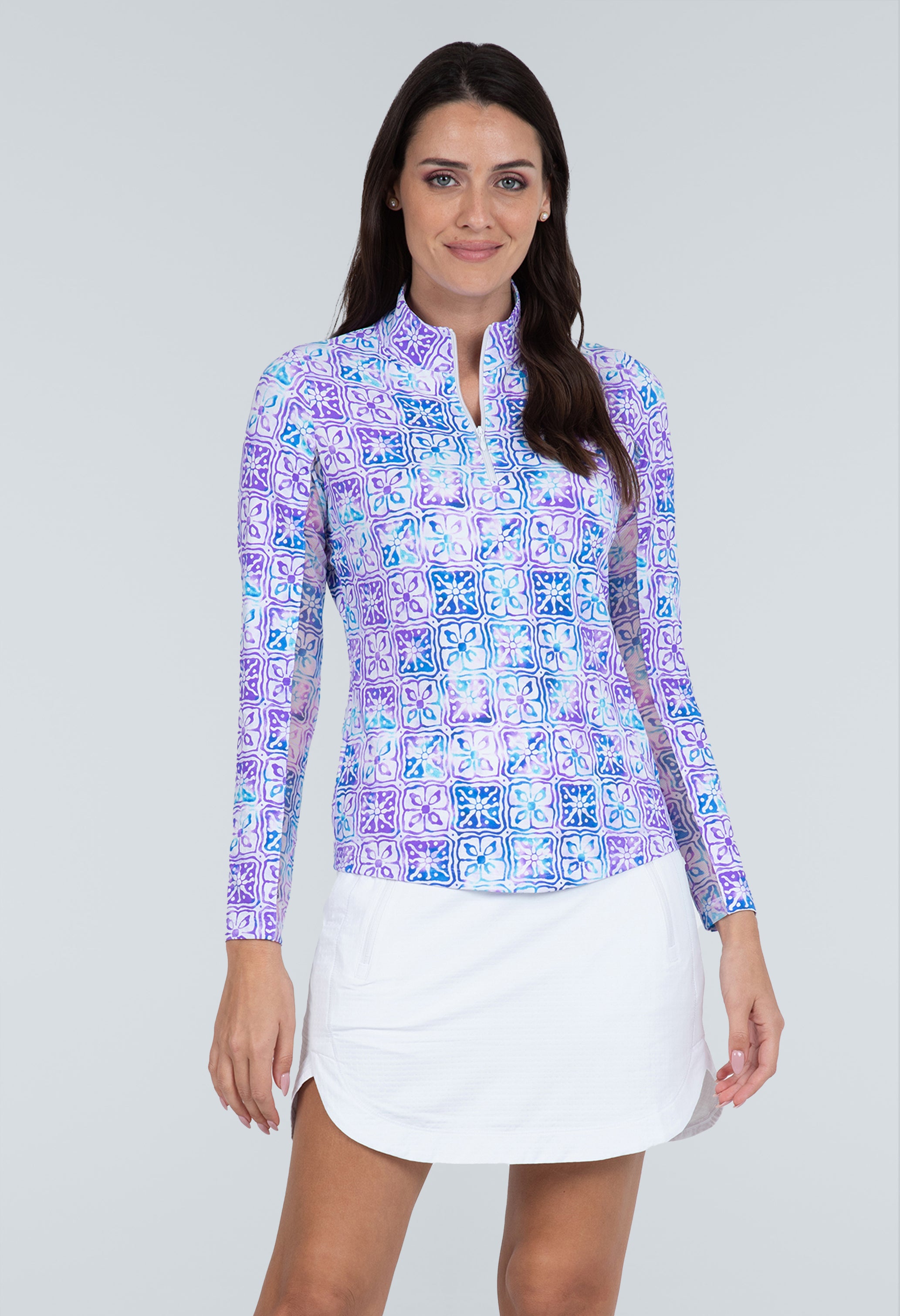 IBKÜL - Kathy Print Long Sleeve Mock Neck Top – 10871 - Color: Plum/Blue