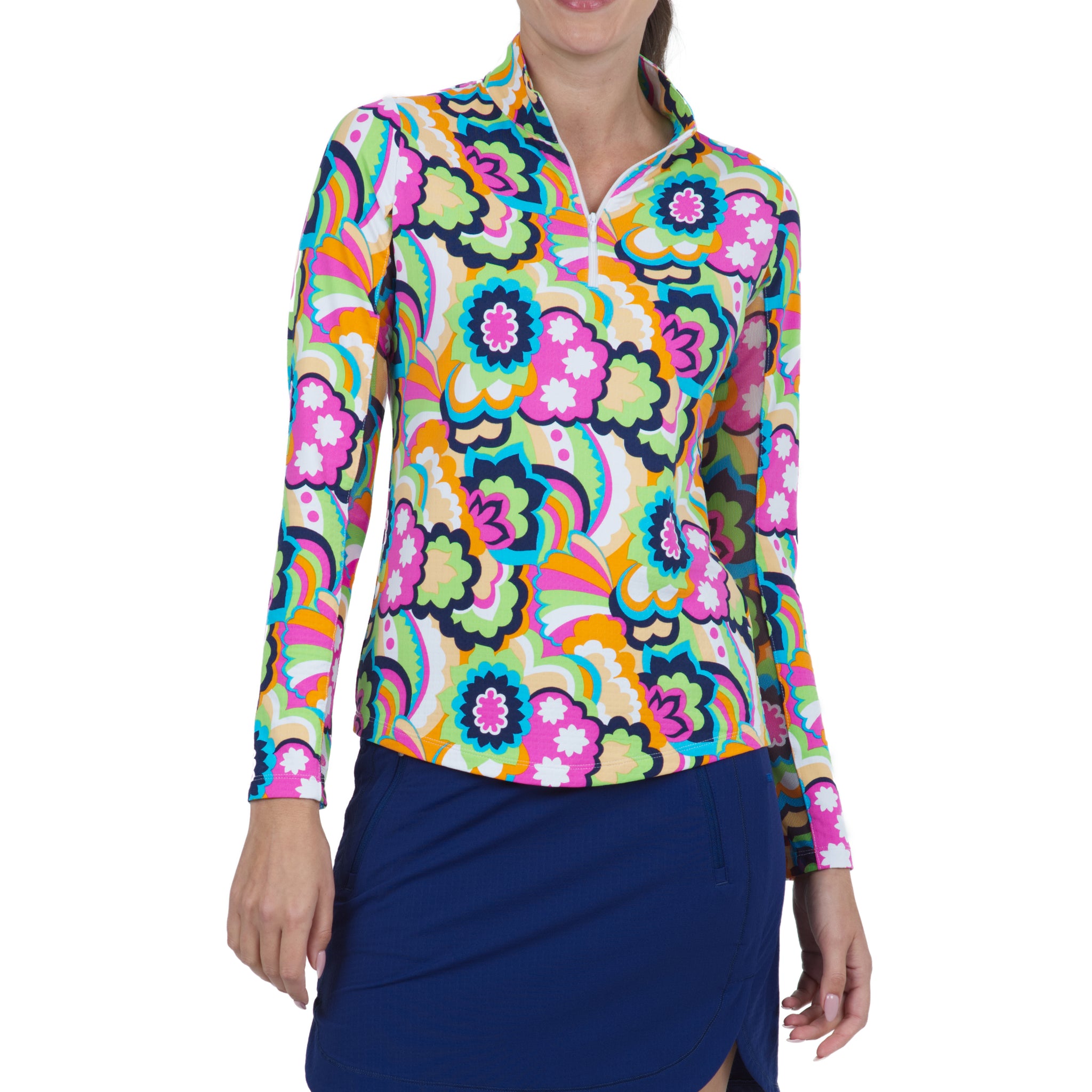 IBKÜL - Yolanda Print Long Sleeve Mock Neck Top – 10873 - Color: Hot Pink Multi