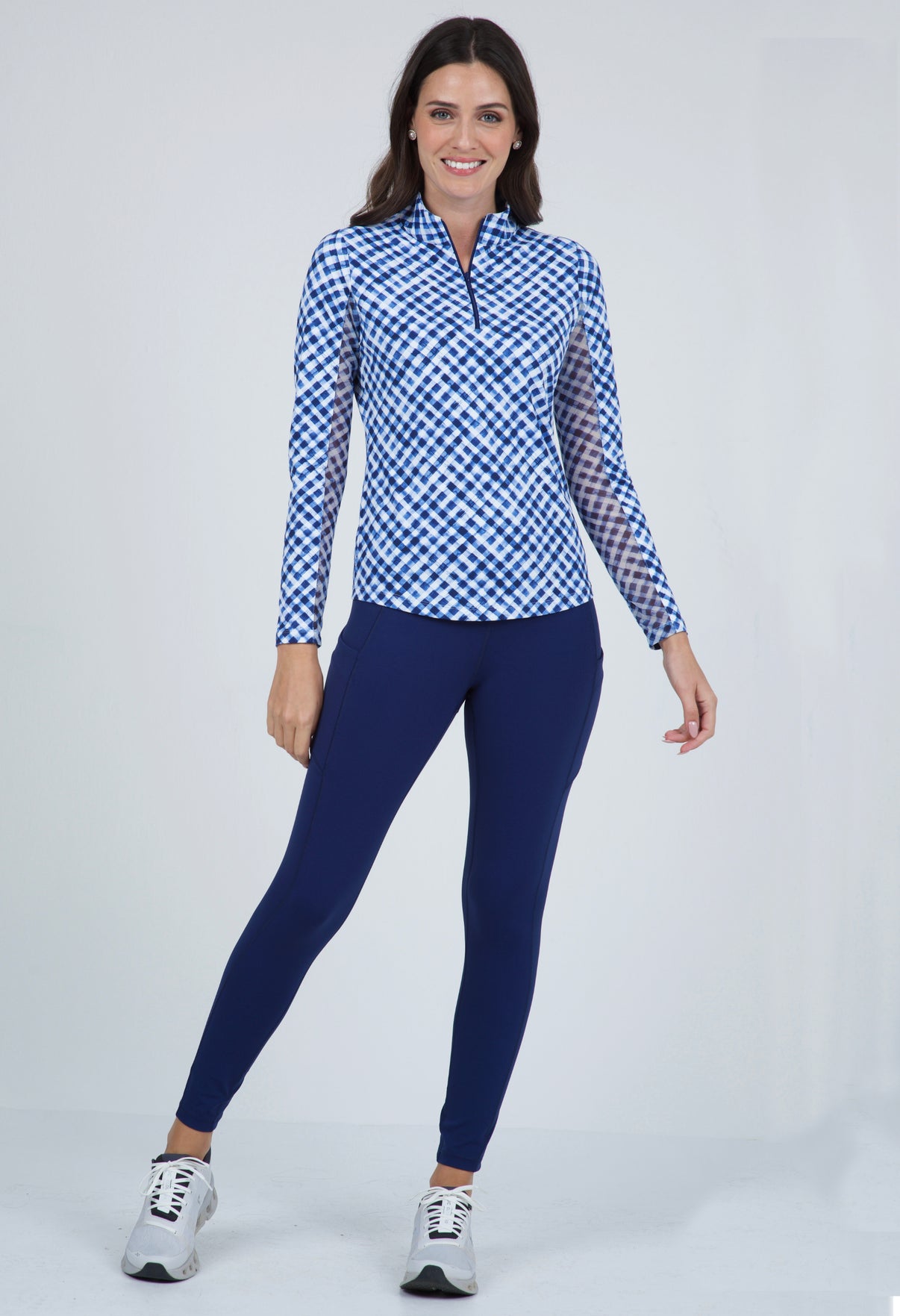 IBKÜL - Gingham Check Print Long Sleeve Mock Neck Top – 10876 - Color: Navy/White