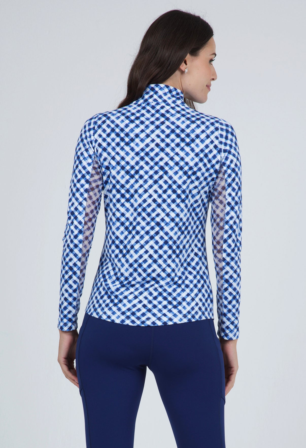 IBKÜL - Gingham Check Print Long Sleeve Mock Neck Top – 10876 - Color: Navy/White
