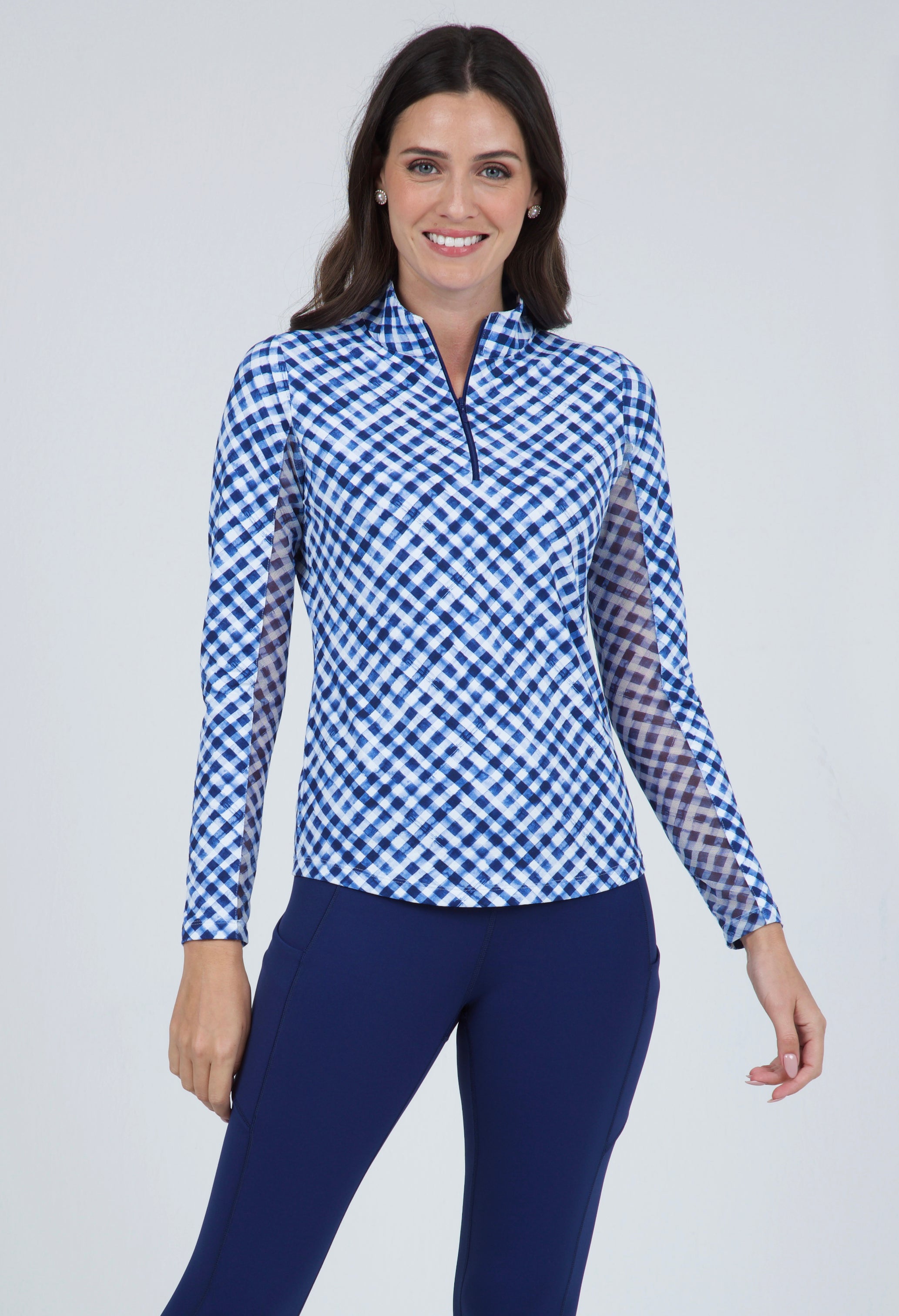 Gingham Check Print Long Sleeve Mock Neck Top