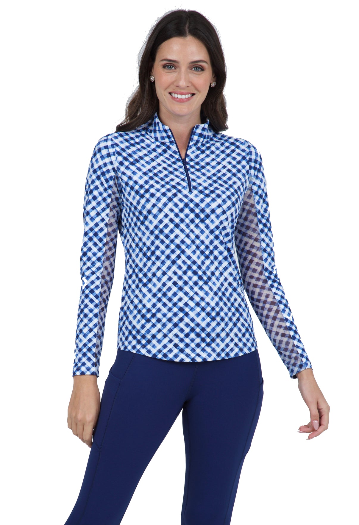 IBKÜL - Gingham Check Print Long Sleeve Mock Neck Top – 10876 - Color: Navy/White