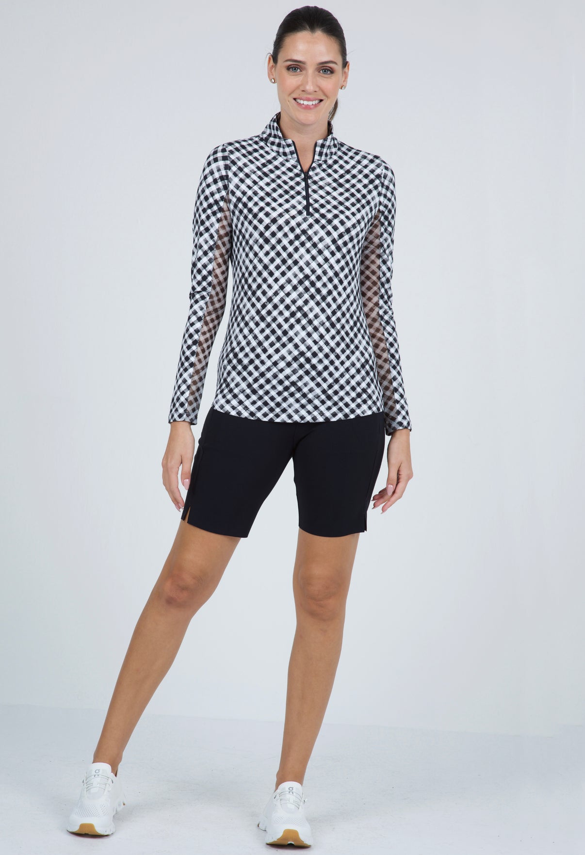 IBKÜL - Gingham Check Print Long Sleeve Mock Neck Top – 10876 - Color: Black/White