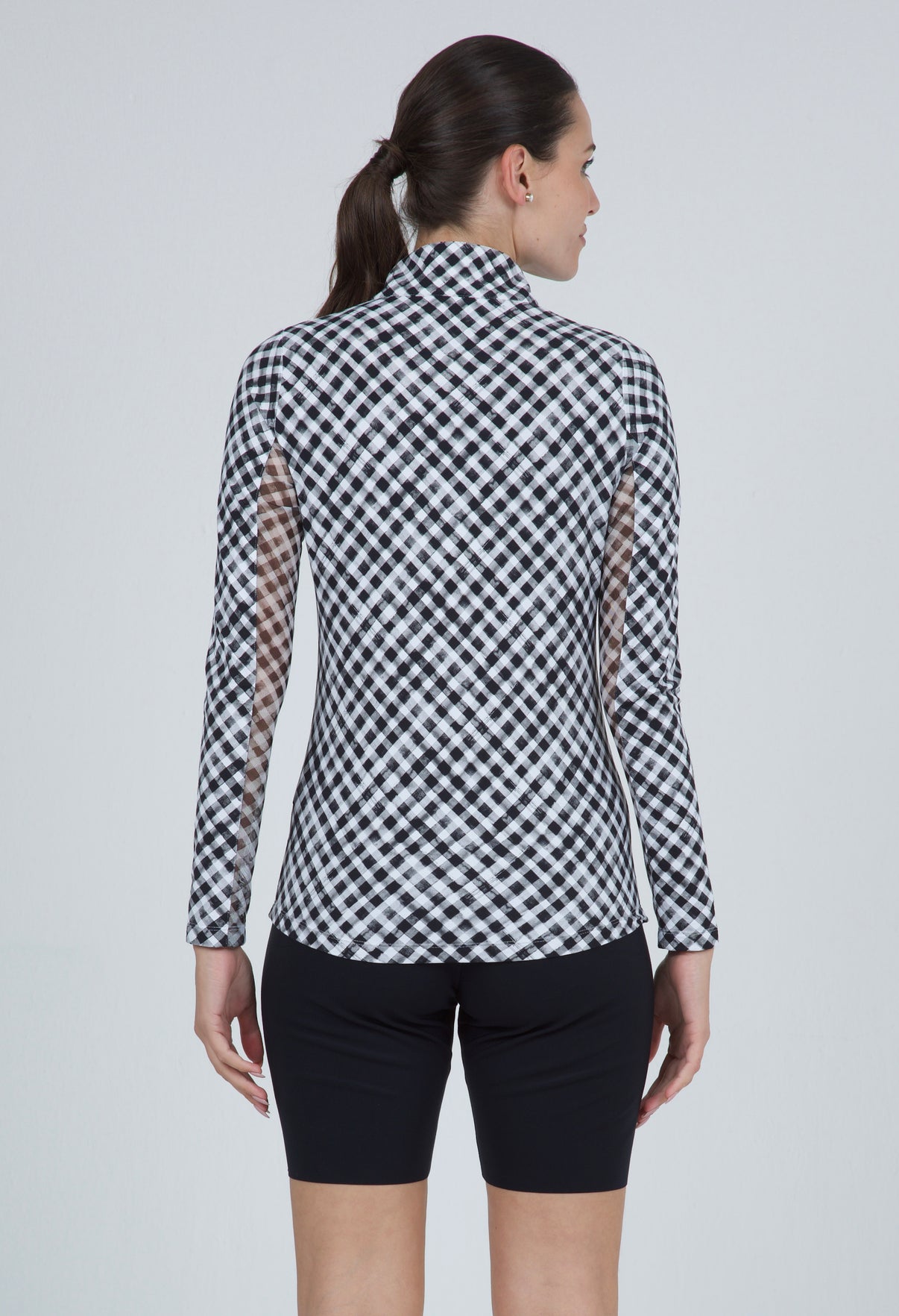IBKÜL - Gingham Check Print Long Sleeve Mock Neck Top – 10876 - Color: Black/White