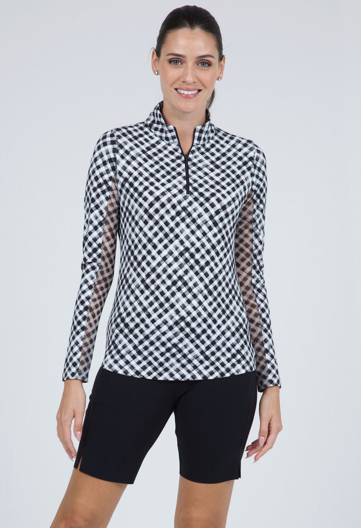 IBKÜL - Gingham Check Print Long Sleeve Mock Neck Top – 10876 - Color: Black/White