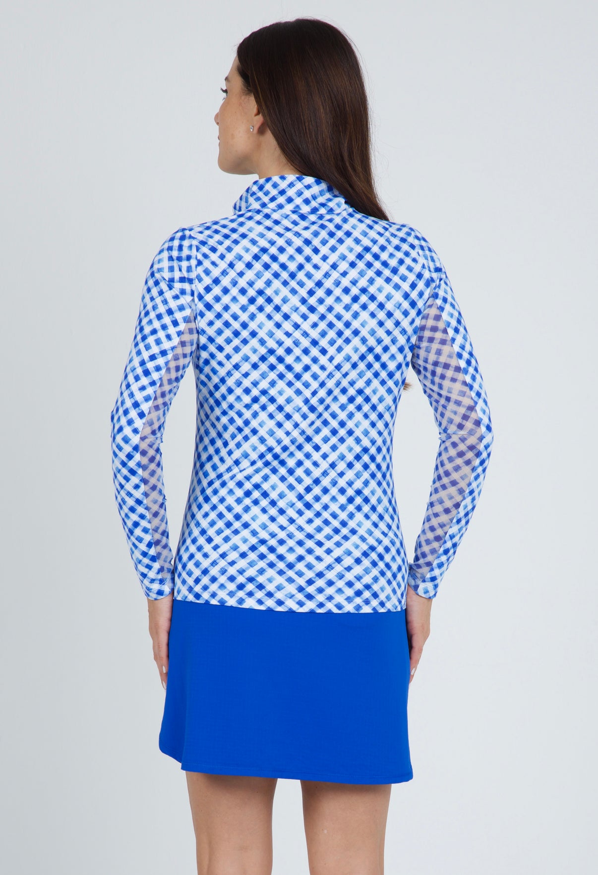 IBKÜL - Gingham Check Print Long Sleeve Mock Neck Top – 10876 - Color: Blue/White