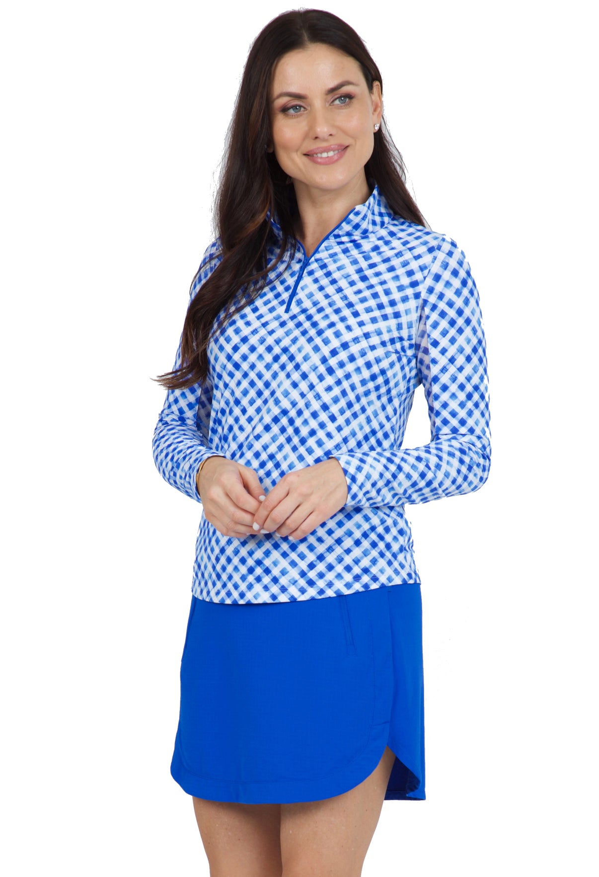 IBKÜL - Gingham Check Print Long Sleeve Mock Neck Top – 10876 - Color: Blue/White