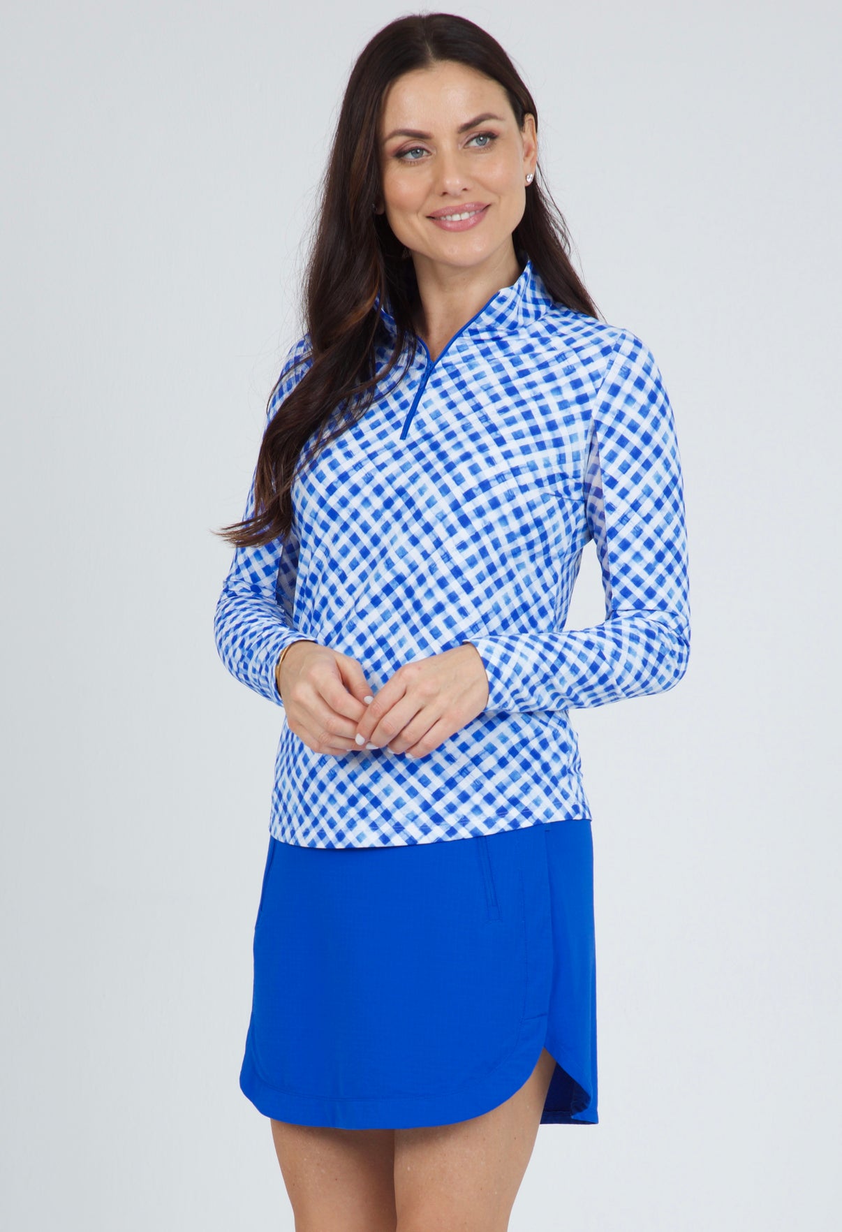 IBKÜL - Gingham Check Print Long Sleeve Mock Neck Top – 10876 - Color: Blue/White