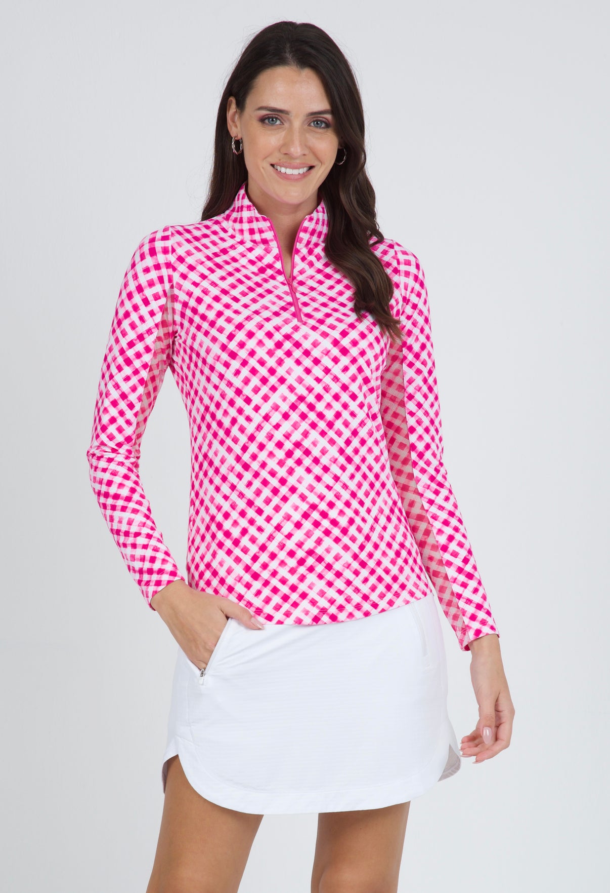 IBKÜL - Gingham Check Print Long Sleeve Mock Neck Top – 10876 - Color: Hot Pink/White