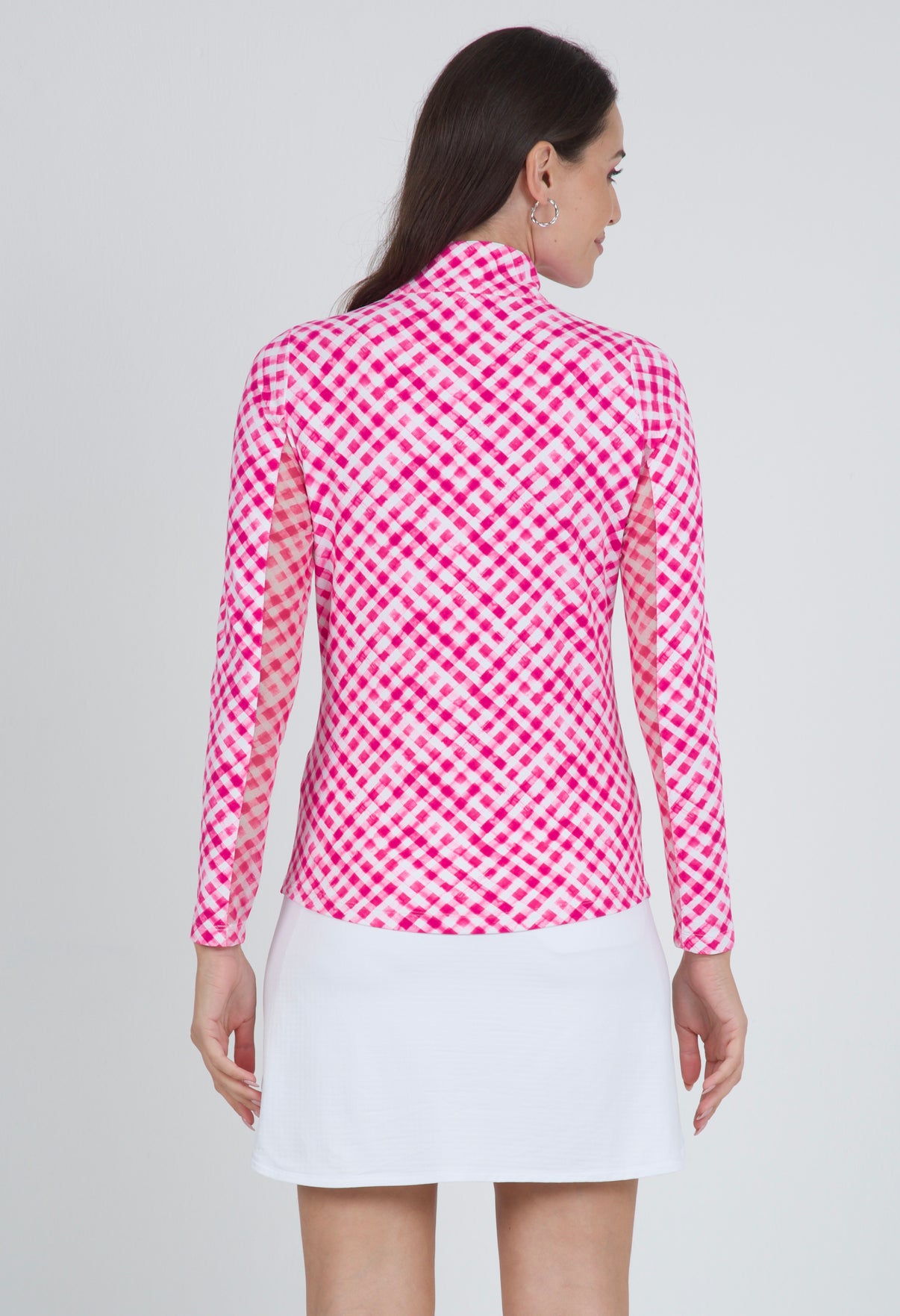 IBKÜL - Gingham Check Print Long Sleeve Mock Neck Top – 10876 - Color: Hot Pink/White