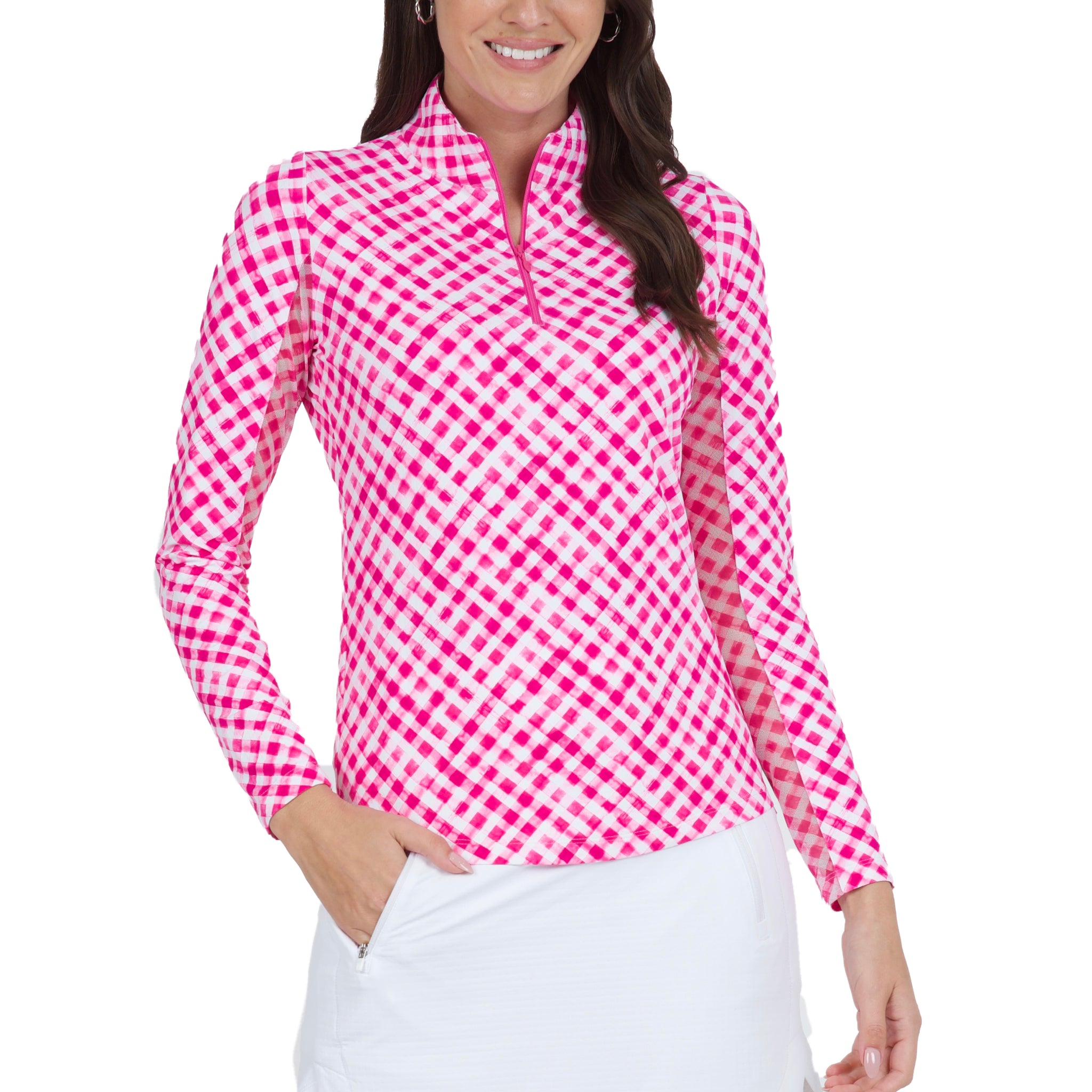 IBKÜL - Gingham Check Print Long Sleeve Mock Neck Top – 10876 - Color: Hot Pink/White