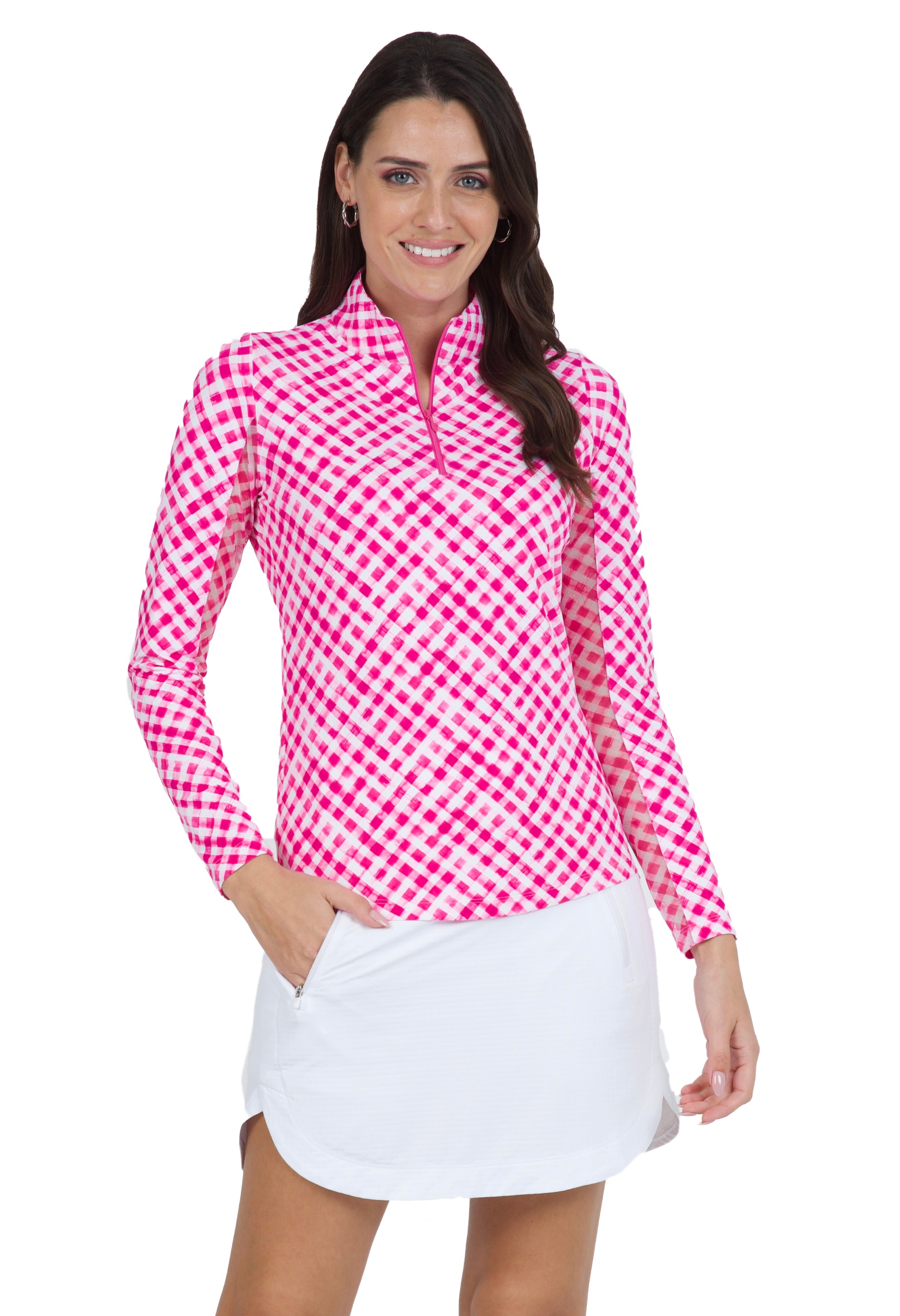 IBKÜL - Gingham Check Print Long Sleeve Mock Neck Top – 10876 - Color: Hot Pink/White
