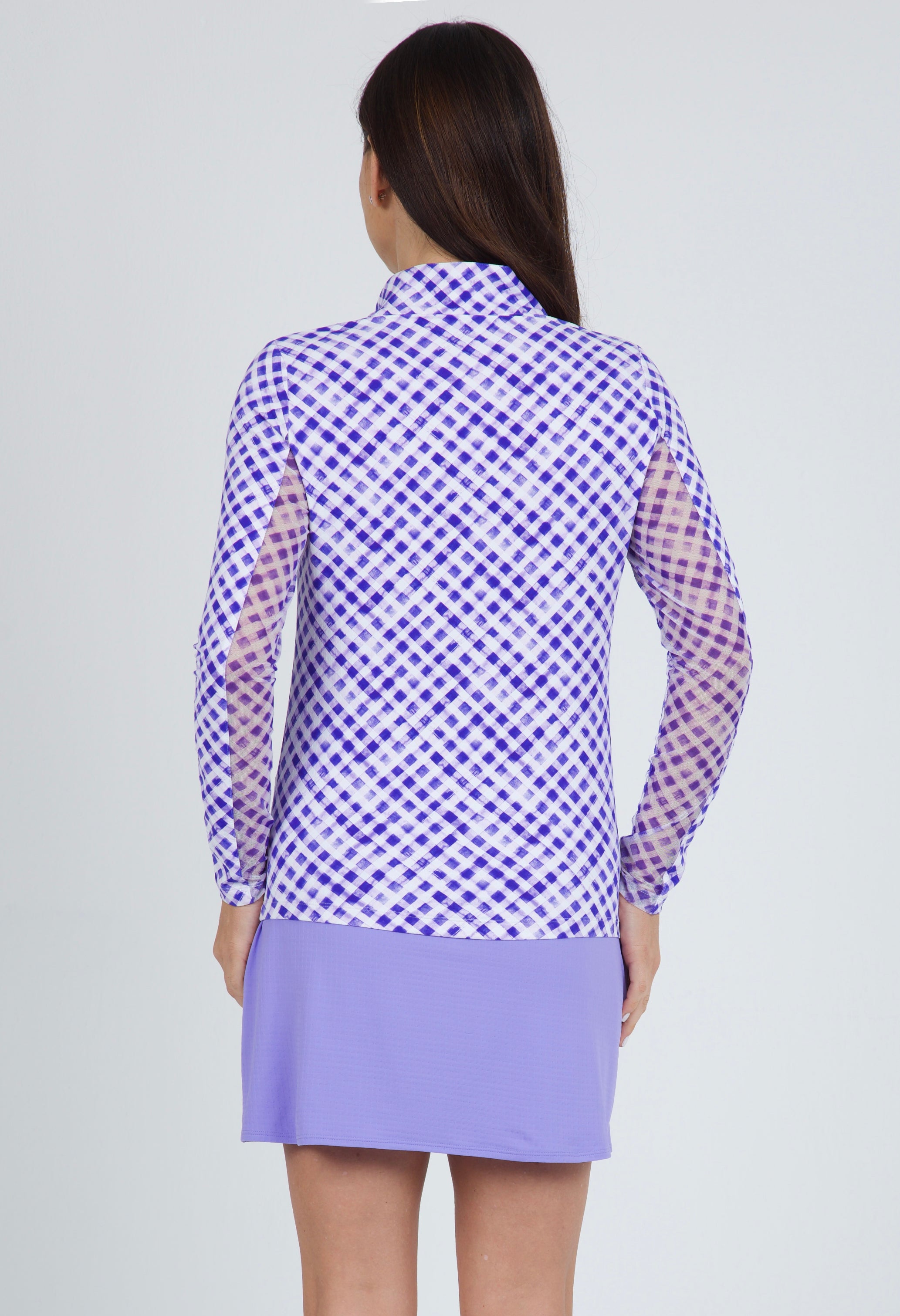 Gingham Check Print Long Sleeve Mock Neck Top