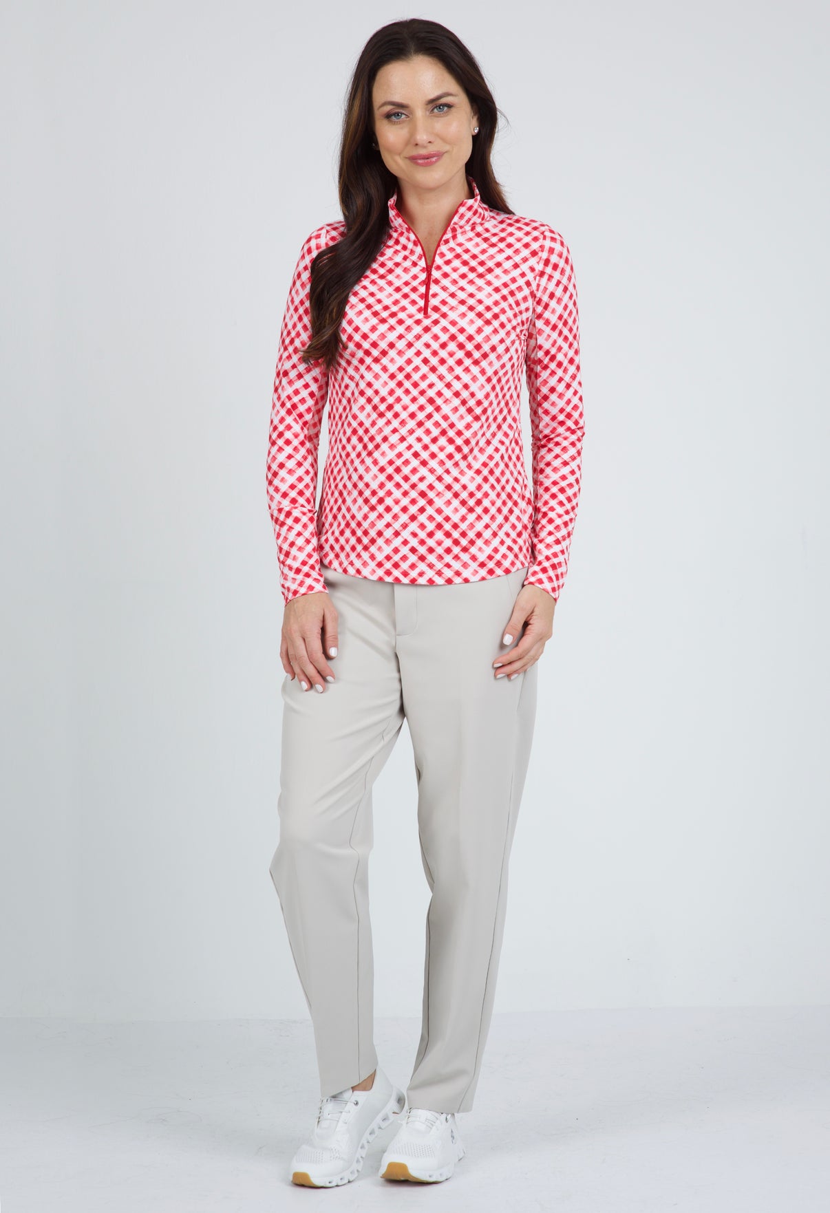 IBKÜL - Gingham Check Print Long Sleeve Mock Neck Top – 10876 - Color: Red/White