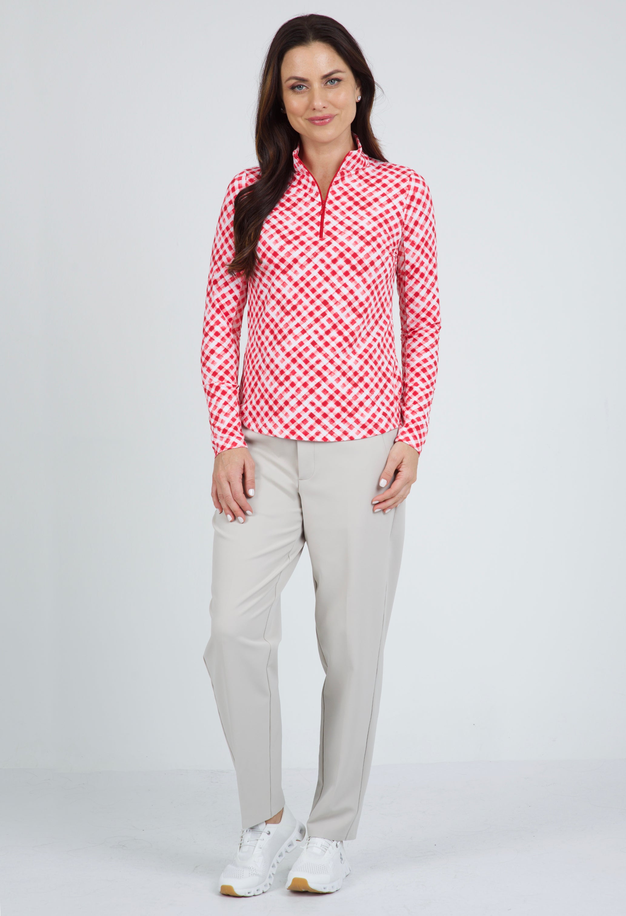 IBKÜL - Gingham Check Print Long Sleeve Mock Neck Top – 10876 - Color: Red/White