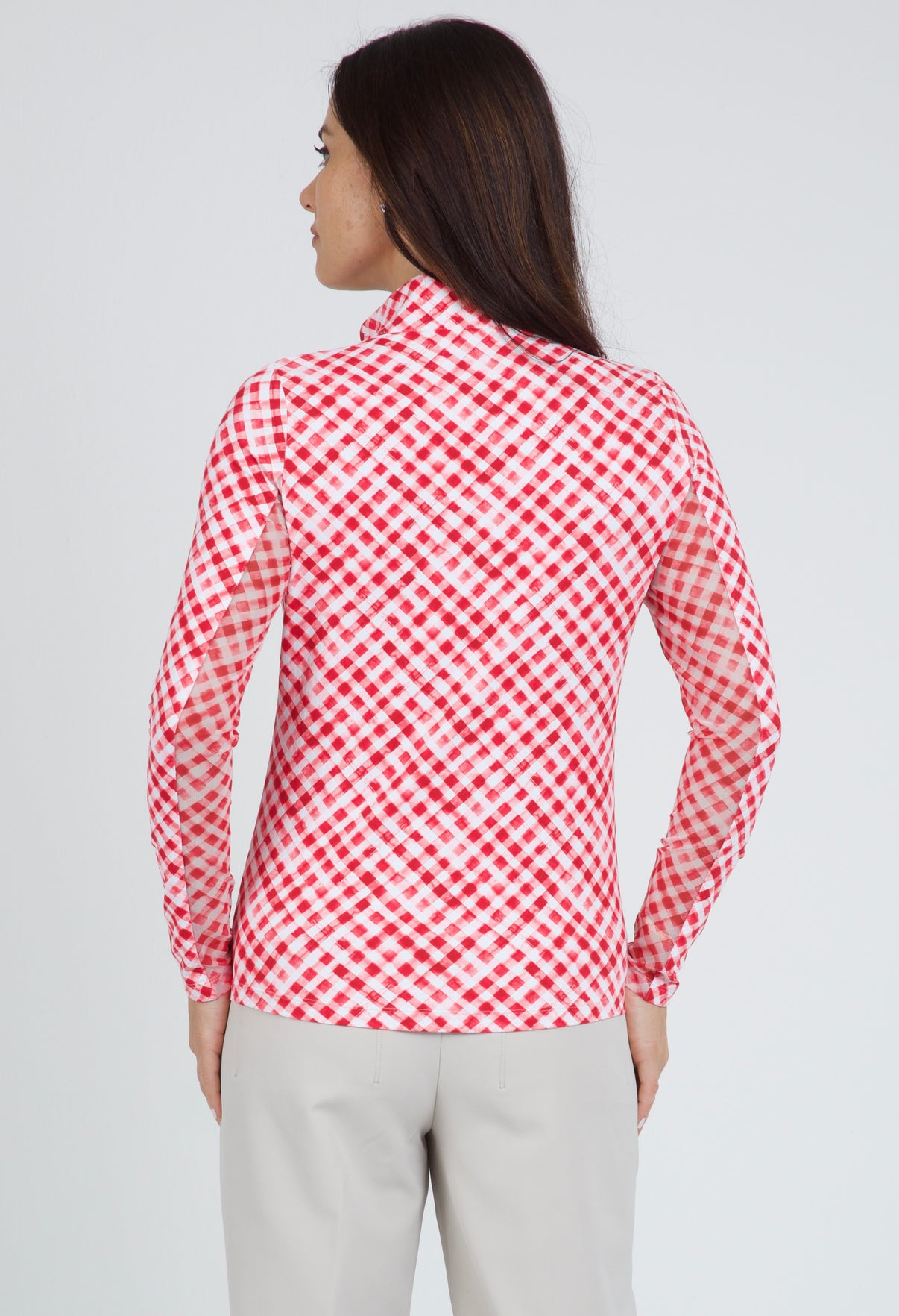 IBKÜL - Gingham Check Print Long Sleeve Mock Neck Top – 10876 - Color: Red/White