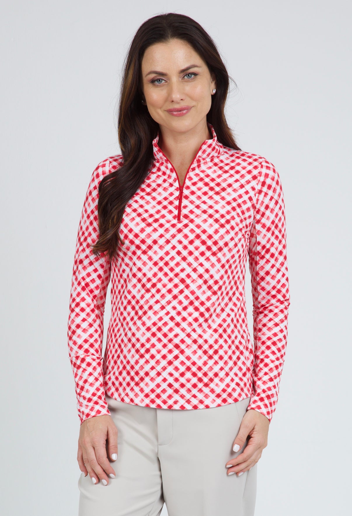 IBKÜL - Gingham Check Print Long Sleeve Mock Neck Top – 10876 - Color: Red/White