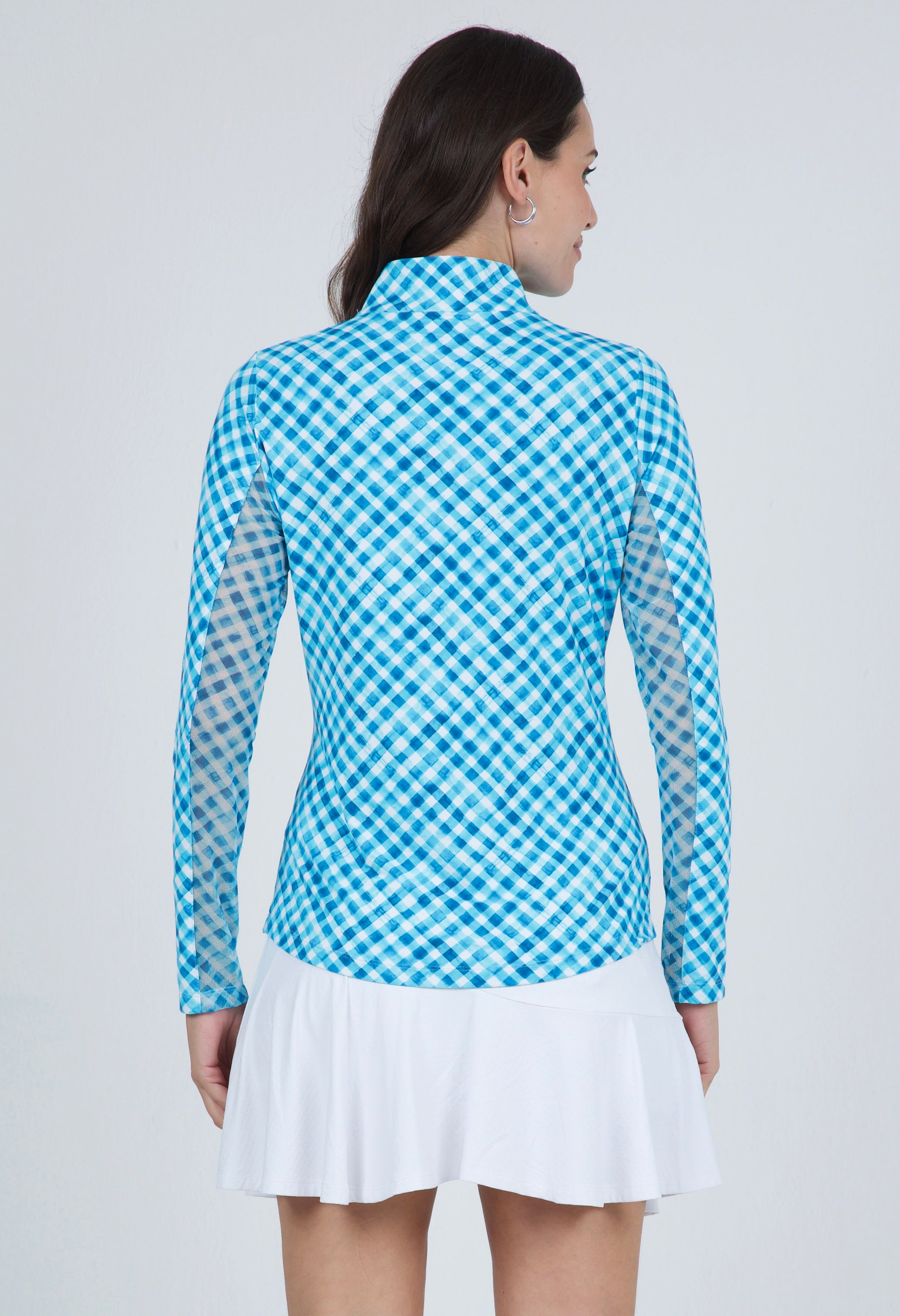 IBKÜL - Gingham Check Print Long Sleeve Mock Neck Top – 10876 - Color: Turq/White