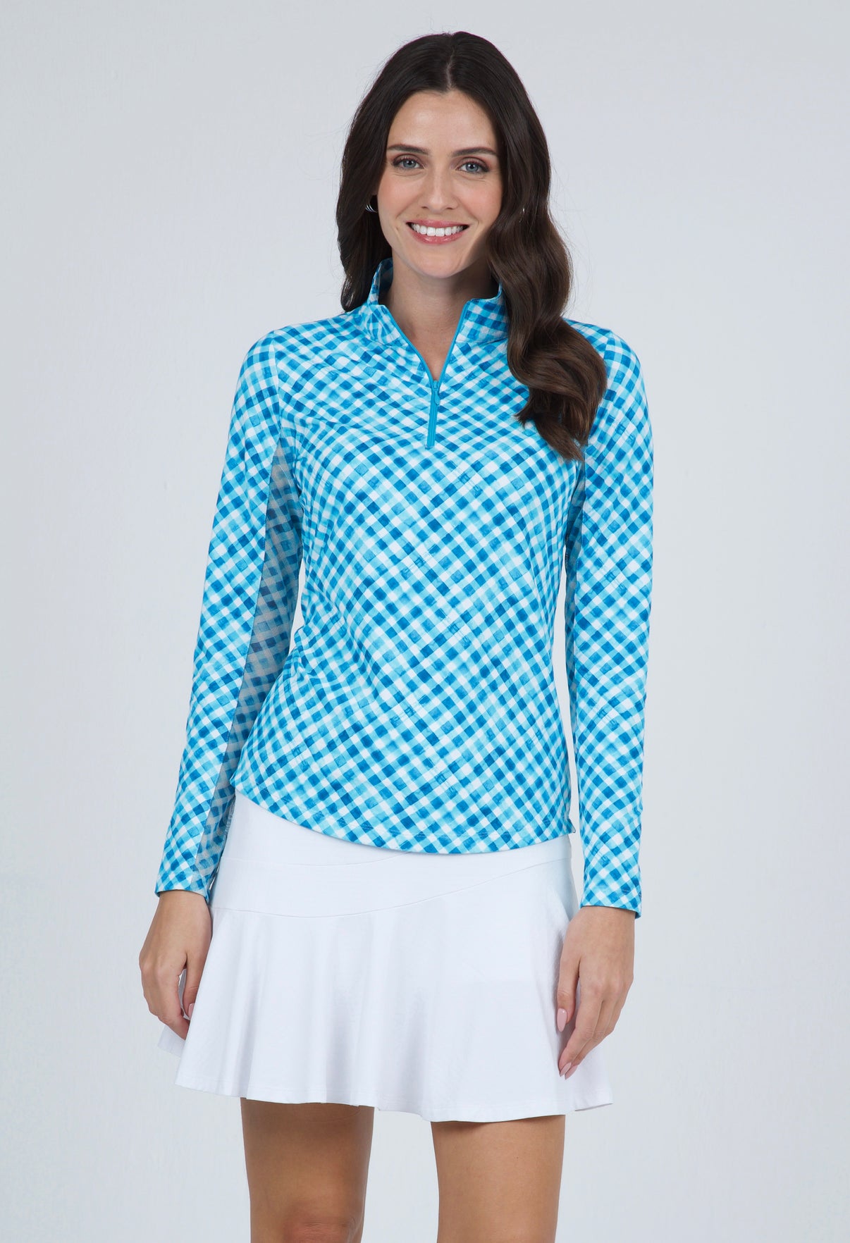 IBKÜL - Gingham Check Print Long Sleeve Mock Neck Top – 10876 - Color: Turq/White